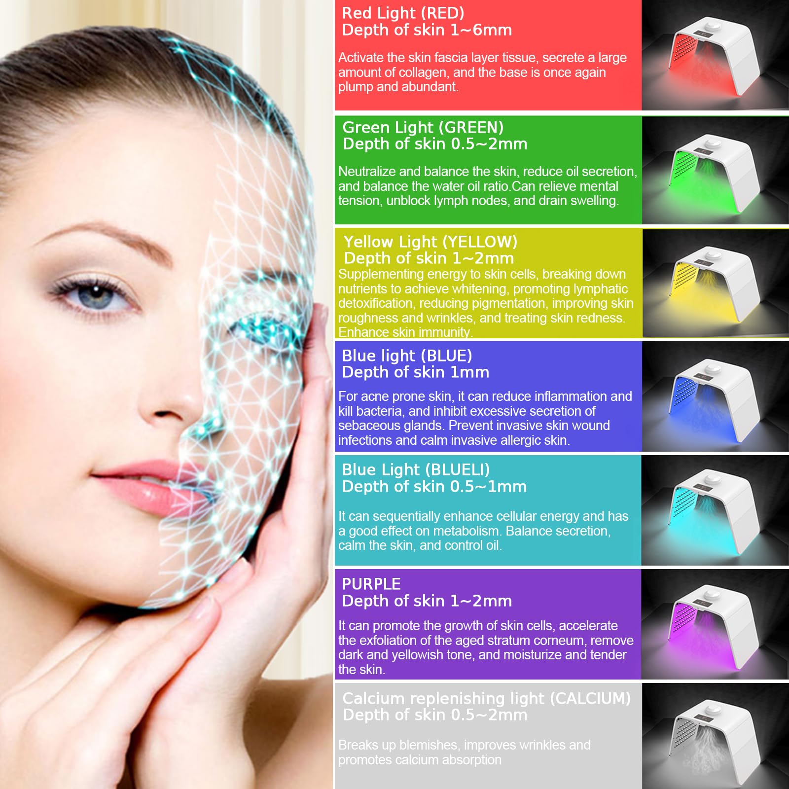 Máscara LED de belleza de 7 colores, máscara facial LED, lámpara de terapia de luz roja plegable para cara y cuerpo, máquina de terapia de luz LED con función de niebla, uso doméstico y de salón