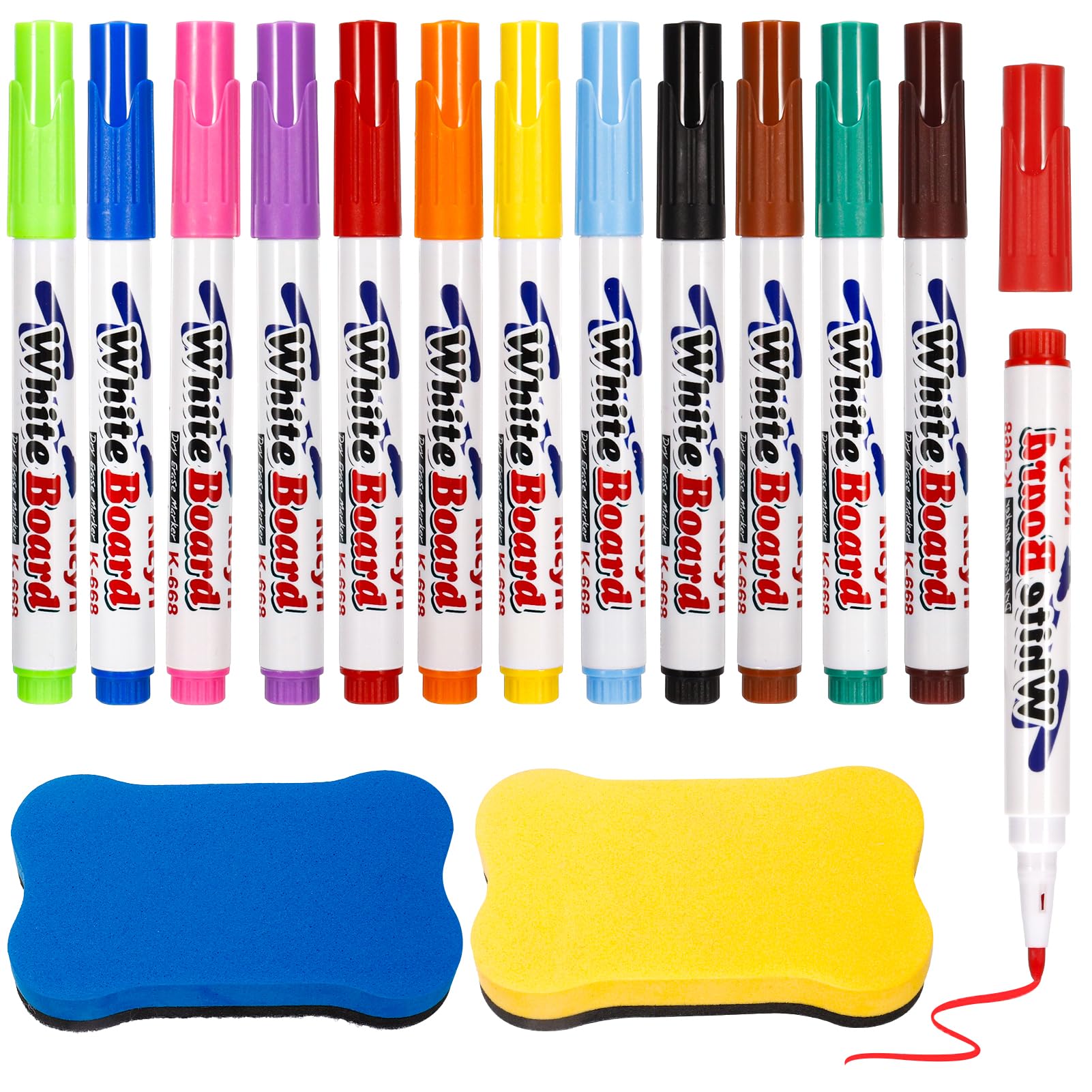 Candcamp 12 Pcs Whiteboard Pens with 2 Pcs Magnetic Erasers, Dry Wipe Whiteboard Markers Durable Fine Tip Dry Erase Pens For School, Office, Home, Classroom(Multicolour)