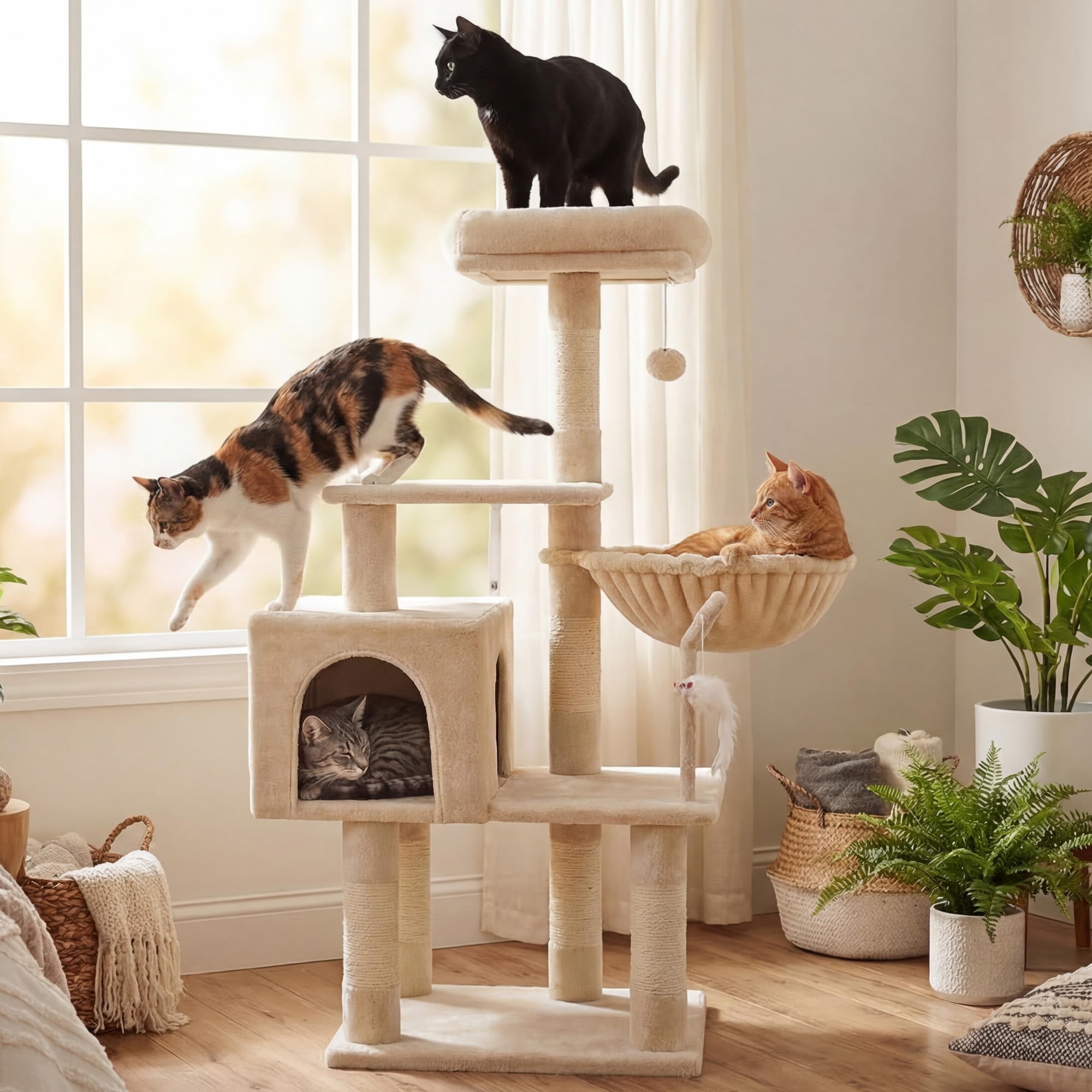 Hey-brother Tiragraffi per Gatti, con Cuccia, Topolino finto, MPJ004SM | 110cm Albero per Gatti Multilivello, Cesta, Piattaforme in Peluche, Pompon, Ideale per gattini da interno, Beige