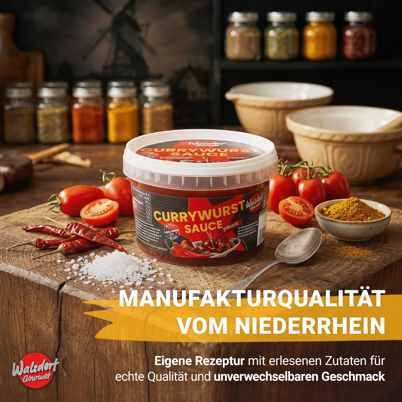 Walsdorf Gourmet Currywurst Sauce pikant - 3 x 500 g Schale - Currysauce mit milder Schärfe & Tomatenmark - Ohne Geschmacksverstärker & künstliche Zusätze - Vegan - Manufakturqualität vom Niederrhein
