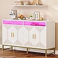 DWVO 47" Kitchen Storage Cabinet with LED Light & Power Outlet, Modern Sideboard Buffet Cabinet with Storage for Hallway, Kitchen or Living Room, White/Gold
