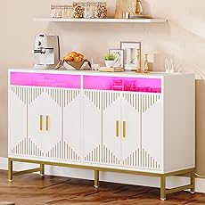 DWVO 47" Kitchen Storage Cabinet with LED Light & Power Outlet, Modern Sideboard Buffet Cabinet with Storage for Hallway, Kitchen or Living Room, White/Gold