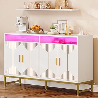 DWVO 47" Kitchen Storage Cabinet with LED Light & Power Outlet, Modern Sideboard Buffet Cabinet with Storage for Hallway, Kitchen or Living Room, White/Gold