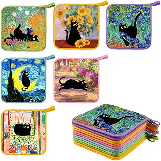 Whaline 12-Pack Black Cat Famous Painting Pot Holders - Heat Resistant Non-Slip Hot Pads, 7.9x7.9 Inch Kitchen Trivets for Cooking Baking