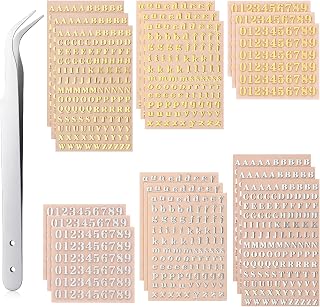 SHENLIU 18 Sheets 3D Small Letter Stickers, Self-Adhesive Mini Number Stickers Glitter Alloy Letter Number Sticker Gold Silver Alphabet Nail Sticker with Tweezer for Epoxy Resin Scrapbook DIY Craft