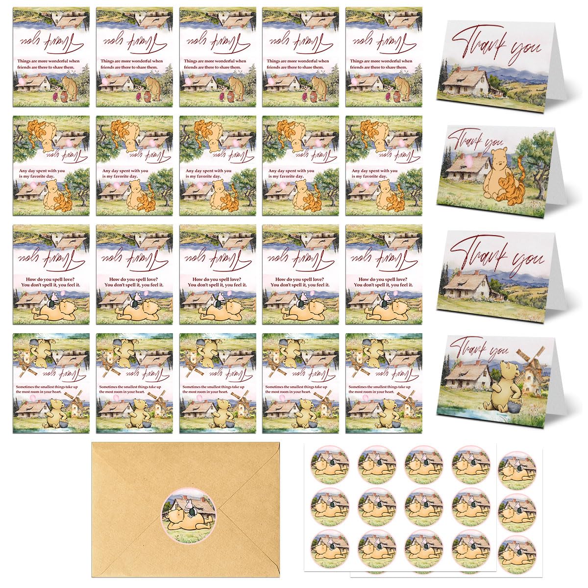Guawubiang 40Pcs Classic Winnie Thank You Cards with Stickers, Thanks Card with Winnie Quotes and Kraft Envelopes, Baby Shower Appreciation Card, Baby