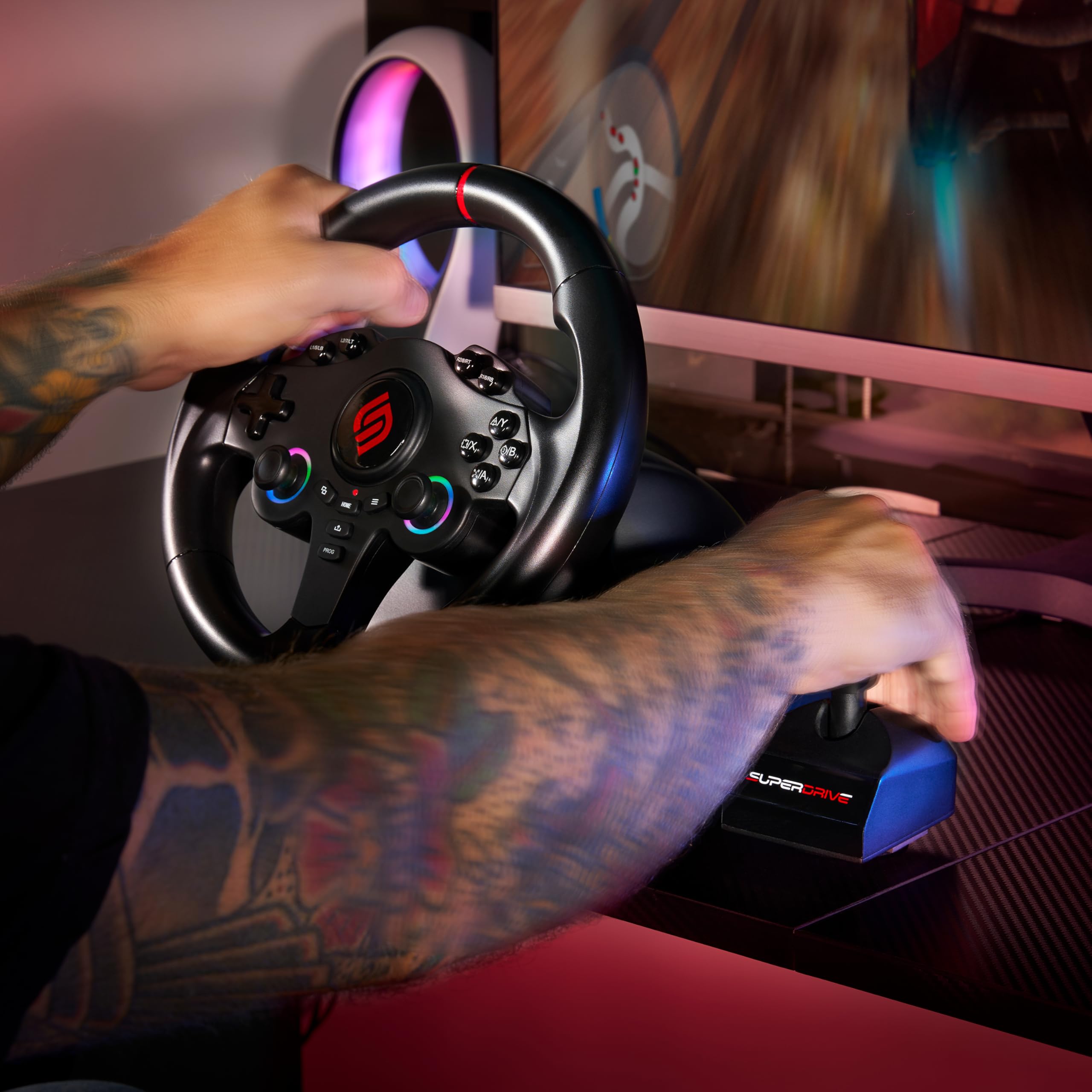 SUBSONIC - Volante Superdrive 220 RS-X - Volante da corsa LED con doppio joystick, cambio marcia, rotazione di 180°, pedali e leve del cambio. Per Switch 2/Switch, PS4, PC e Xbox - Nero
