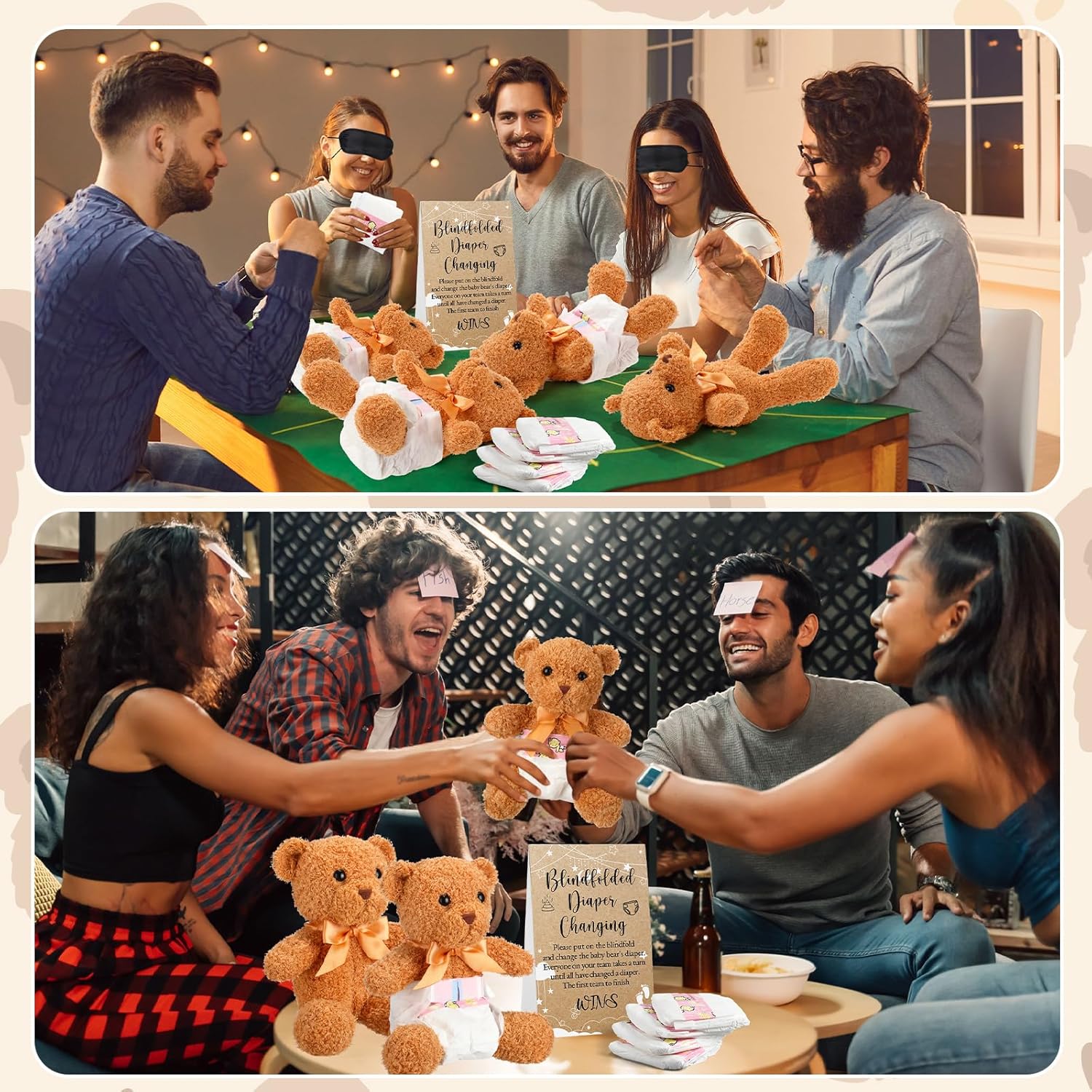41 Pcs Bear Blindfolded Diaper Changing Baby Shower Game Includes 8 Bear Dolls 24 Diapers 8 Blindfolds 1 Games Sign for Adult Baby Shower Gender Reveal Game Prizes Raffle Party(Rustic)
