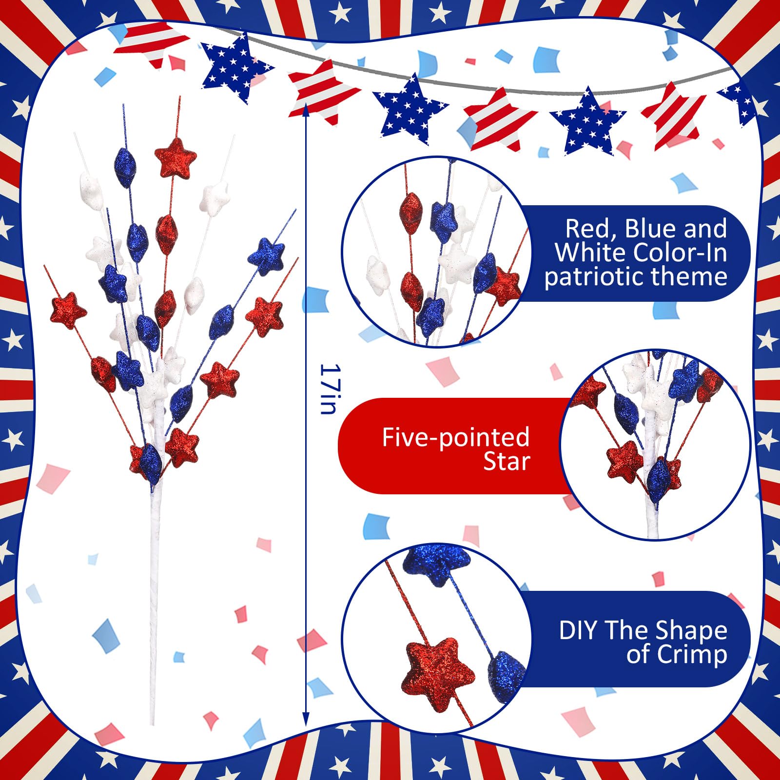 6 Pack 4th of July Table Centerpieces Decor 17 Inches Independence Day Tree Topper Picks Patriotic Artificial Stem Picks Red White and Blue Patriotic Pentagram Crafts for Vase Filler Home