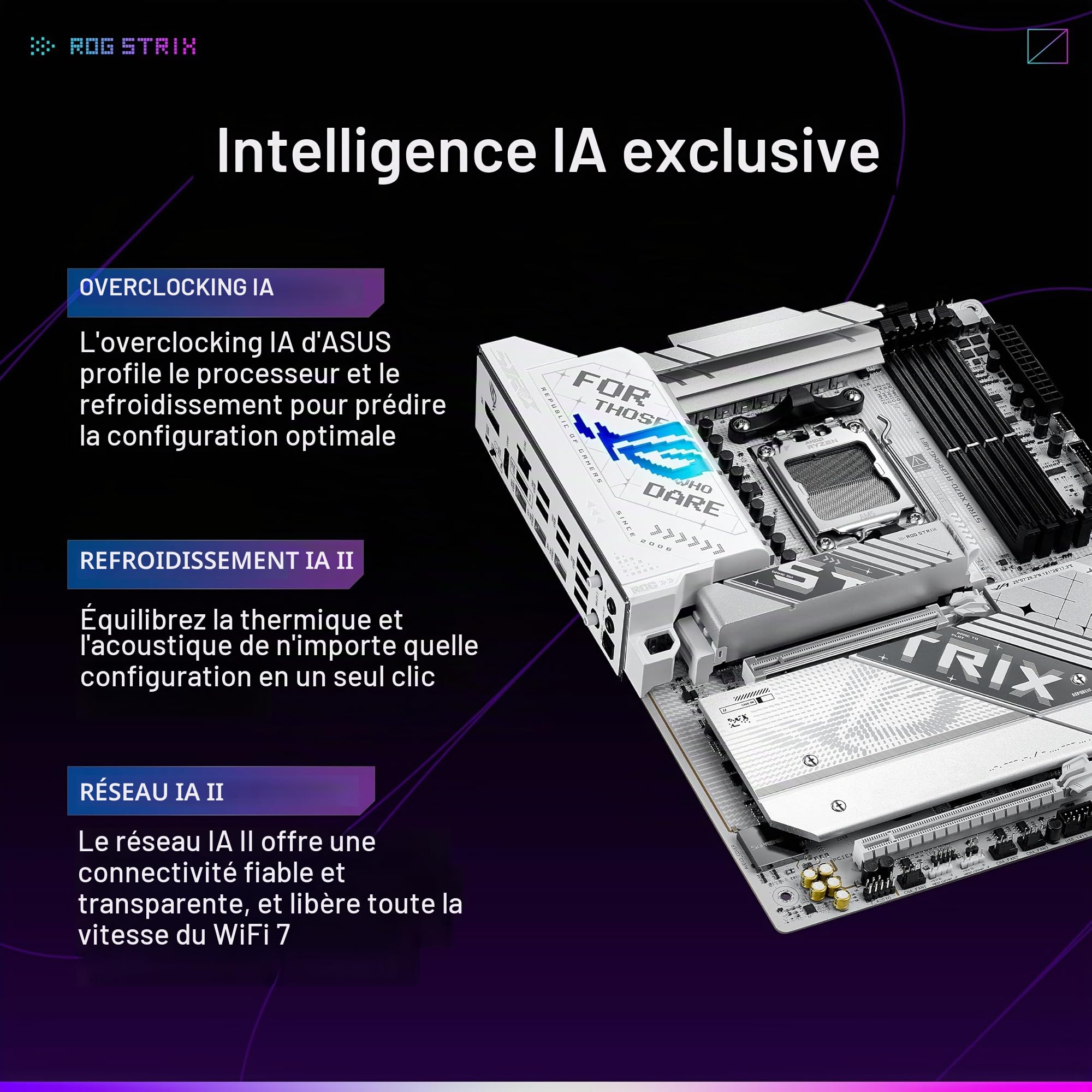 ASUS ROG Strix X870-A Carte mère AMD AM5 X870 ATX 16+2+2 niveaux d'alimentation, commutateur OC dynamique, Core Flex, DDR5 AEMP, WiFi 7, 4X M.2, PCIe® 5.0, Q-Release Slim, USB4®, AI OCing & Networking