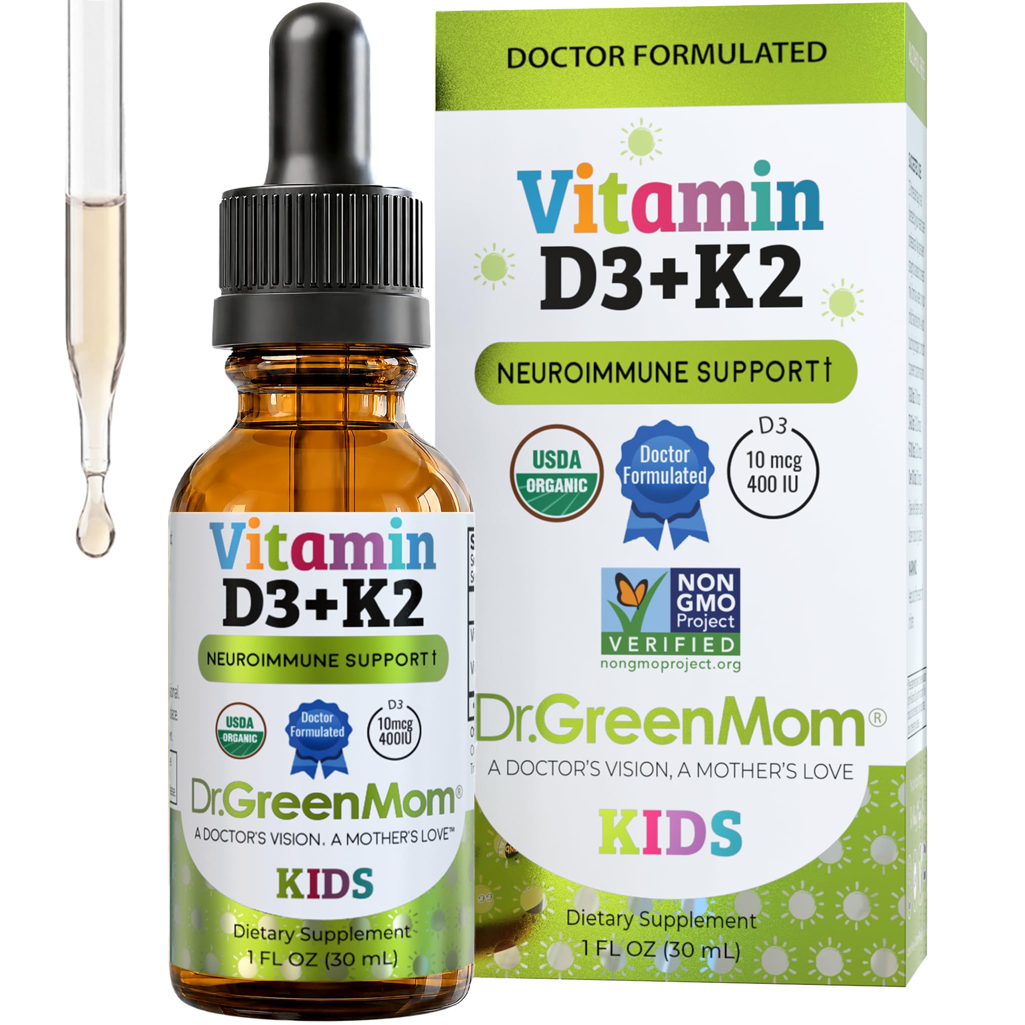 Dr. Green Mom Liquid Vitamin D 3 K2 Drops — Babies & Kids — Organic, 400 IU