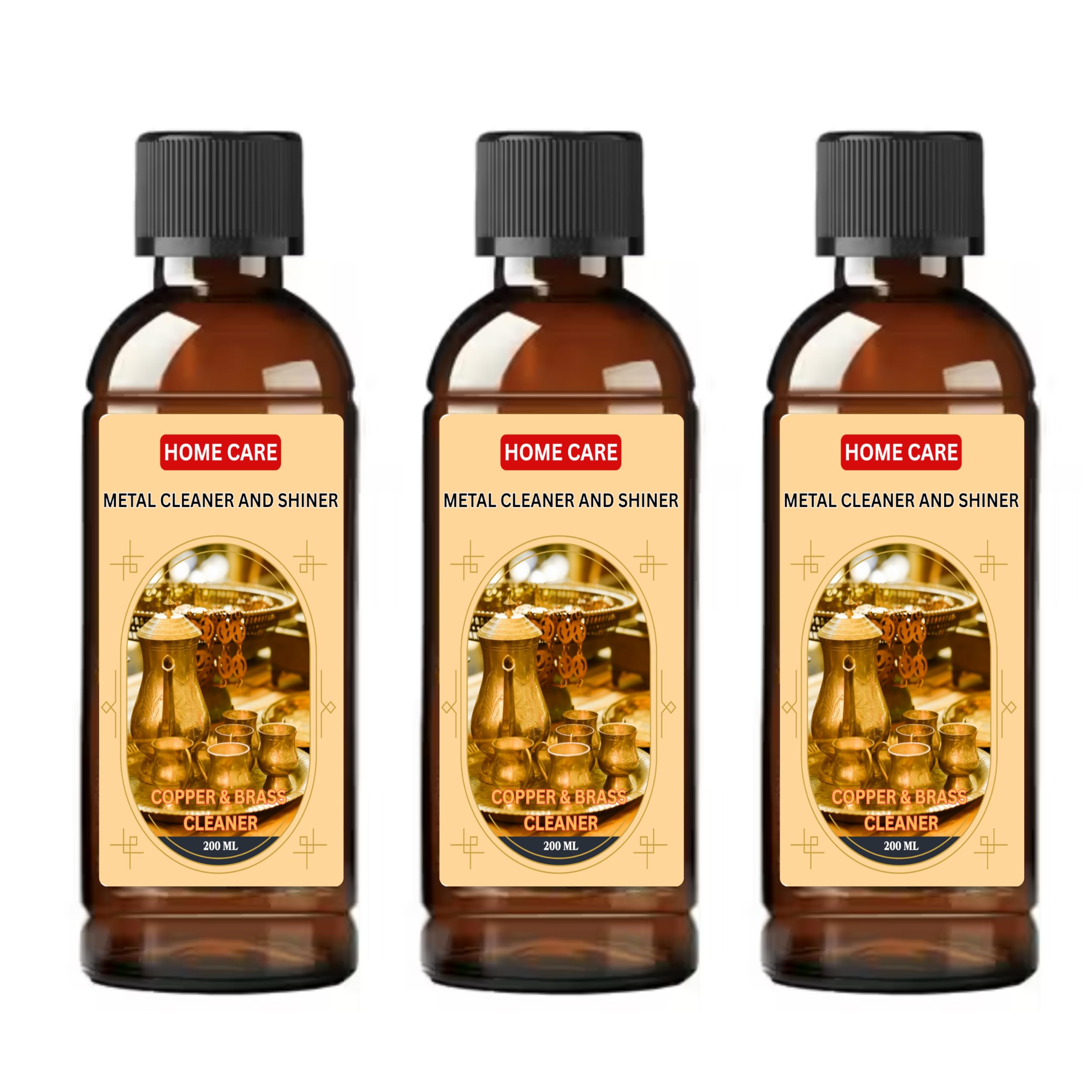 Home Care Metal Cleaner and Shiner Liquid 200 ml – Powerful Copper & Brass Cleaner for Utensils, Idols, Décor Items, Removes Tarnish and Restores Natural Shine (PACK OF 3)