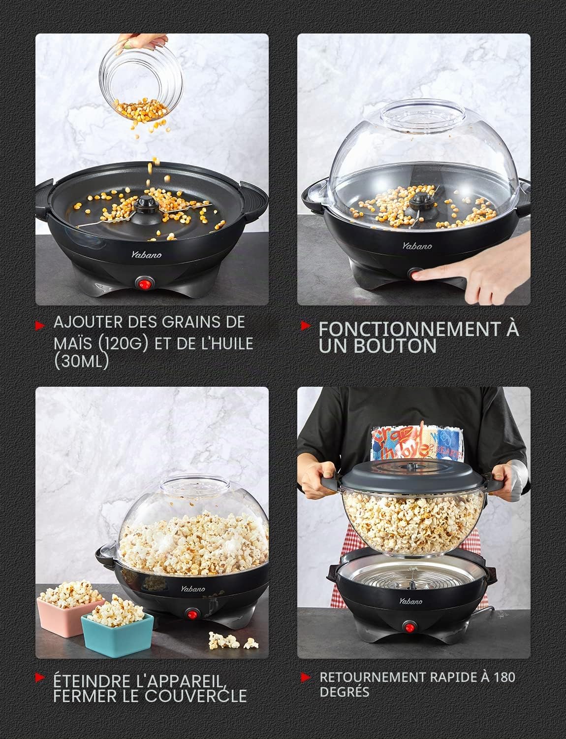 Yabano Machine à Popcorn, Électrique Machine à Pop Corn avec Plateau de Cuisson Détachable, Revêtement Antiadhésif, Bol de 5l Couvercle 2-en-1, Noir