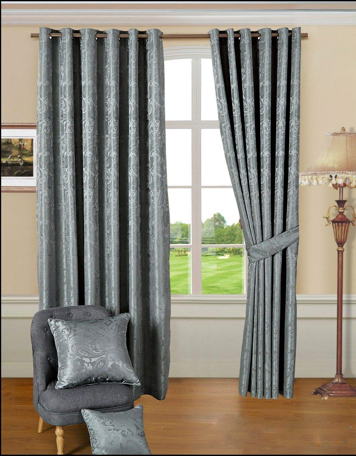 Heavy Jacquard Ring Top Fully Lined Pair Curtains Silver 66 x 90 — image 1