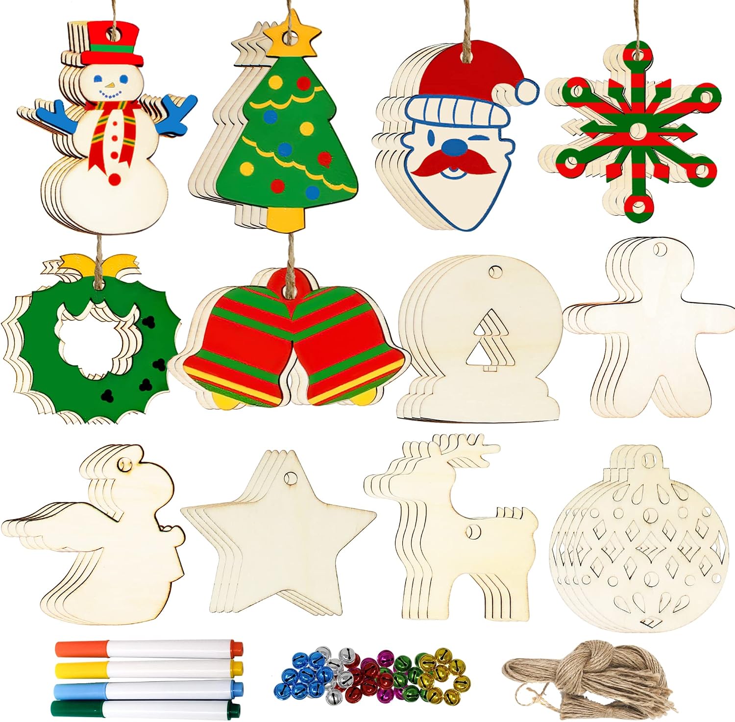 JOYIN 48 Pcs Christmas Wooden Ornaments Craft Kits, Unifinished Wood Slice for DIY Christmas Hanging Ornaments for Xmas Holiday Gifts and Christmas Decorations