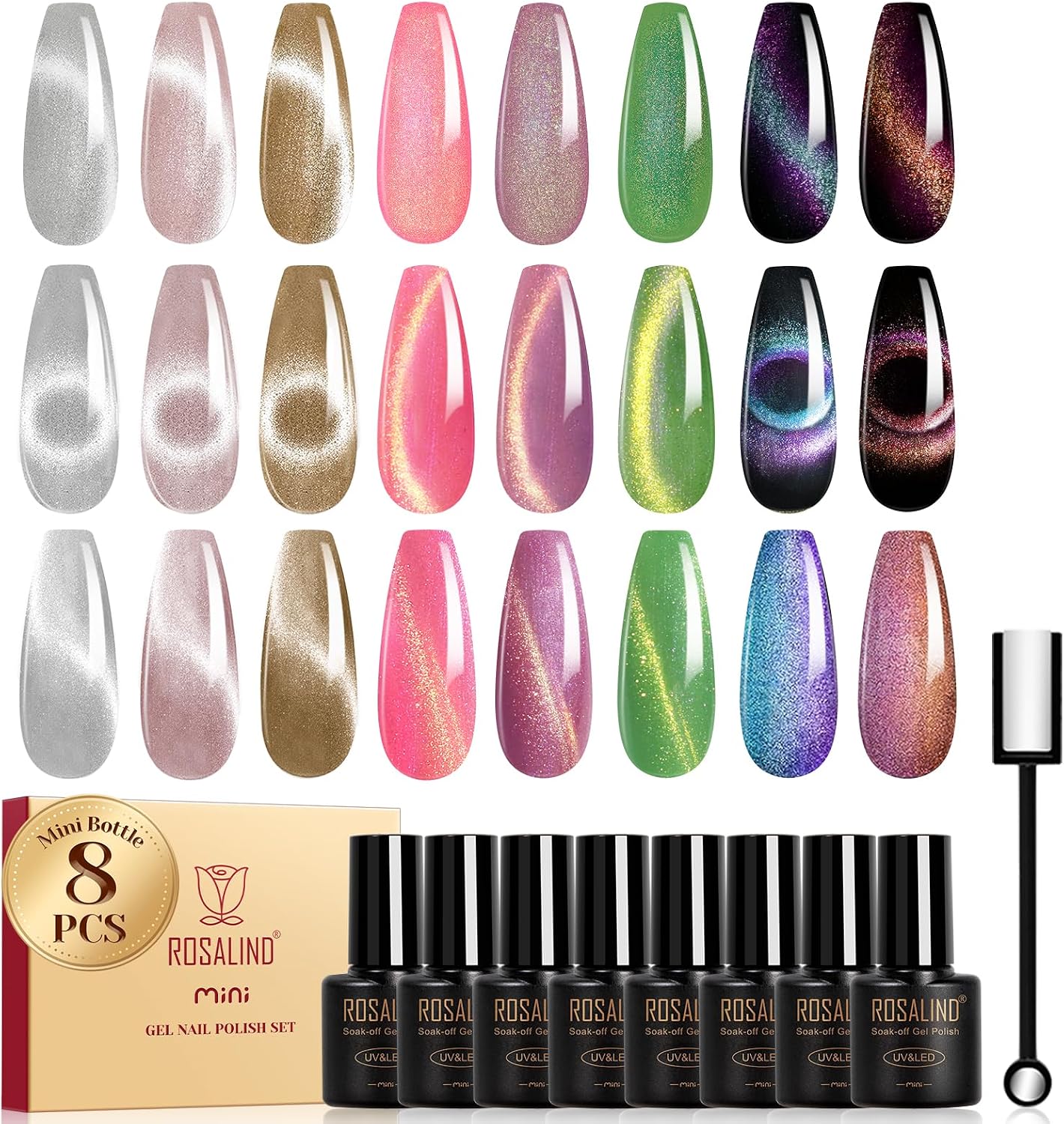 ROSALIND Półtrwały lakier do paznokci magnetyczny, 8 kolorów Cat Eye półtrwałe lakiery do paznokci srebrny różowy fioletowy zielony mini UV/LED Cateye żel do paznokci Manicure