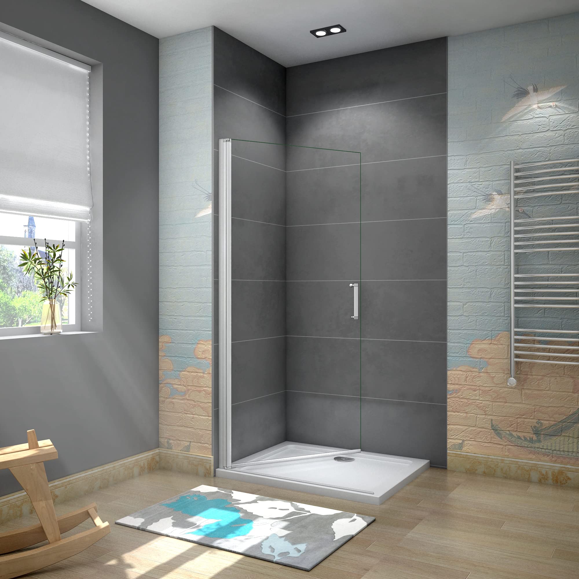 WALK IN Parete Doccia 65x185cm Movibile Girevole vetro 5mm Bianco Argenteo | Trasparente, Vetro Temperato, Verso Interno Esterno, Telai Bianco Argenteo Opaco