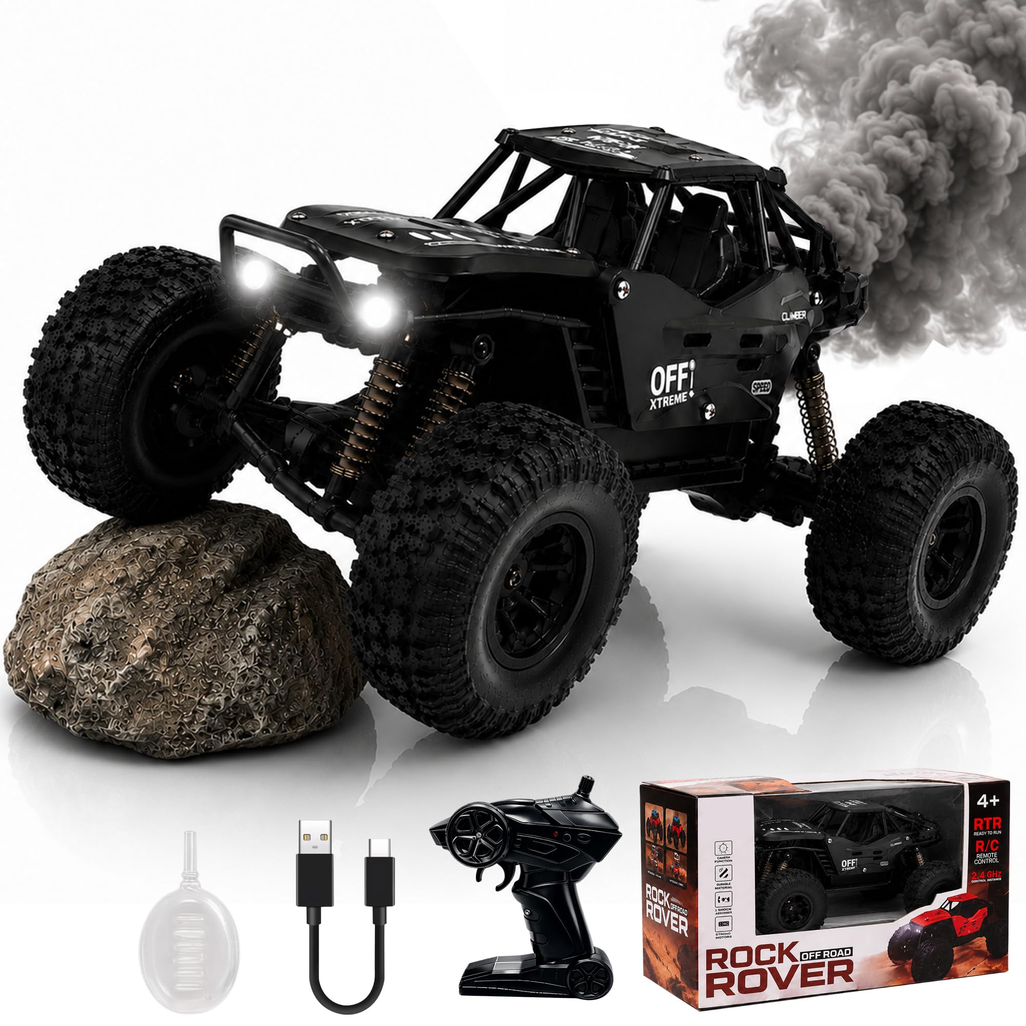 ZIVVY Big Black Remote Control Car | Rock Crawler | LED Headlight | Rechargeable Battery with Type c Charger | 100m Range | Smoke | Toy Car for Kids & Boys 7-14 Years | Birthday Gift for Kids