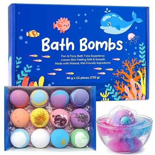 12 Pcs Bath Bomb Gift Set with Surprise Inside – Natural Ingredients, Rich Bubbles, Moisturising Cocoa & Shea Butter, Fizzes Spa – Ideal Birthday Easter Gift for Boys & Girls