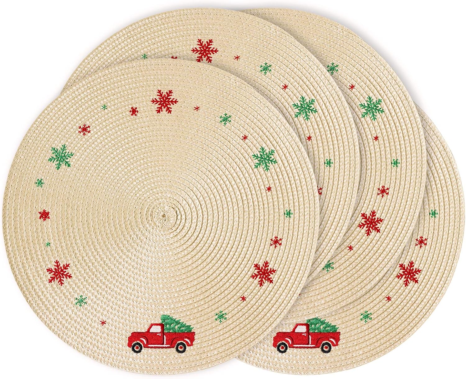 Feuille Round Christmas Placemats Set of 4 13.5 Inch Beige