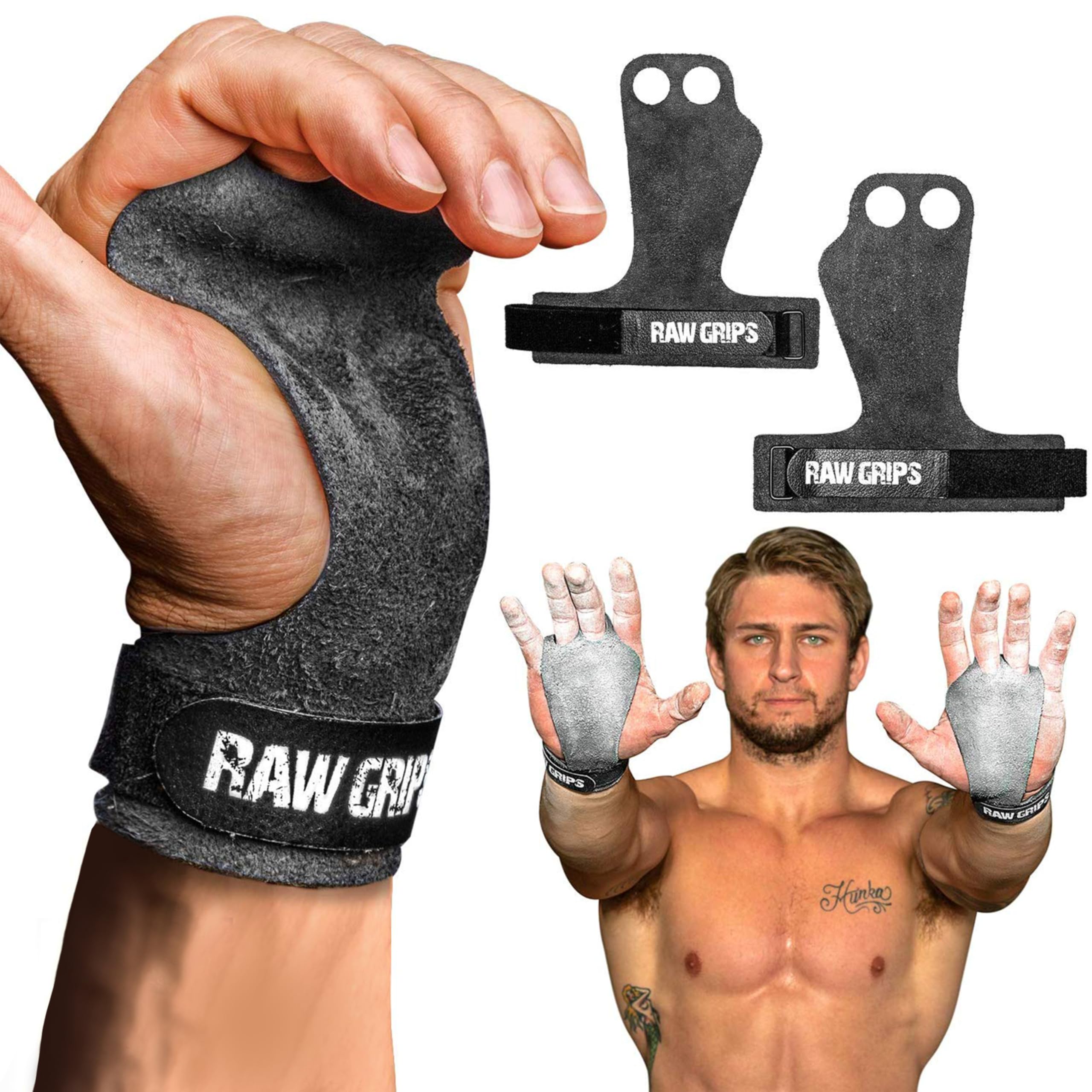 JerkFit RAW Grips 3.0 – 2-vingers leren handgrepen voor crosstraining en pull-ups, hand- en palmbescherming voor atleten, gym grips