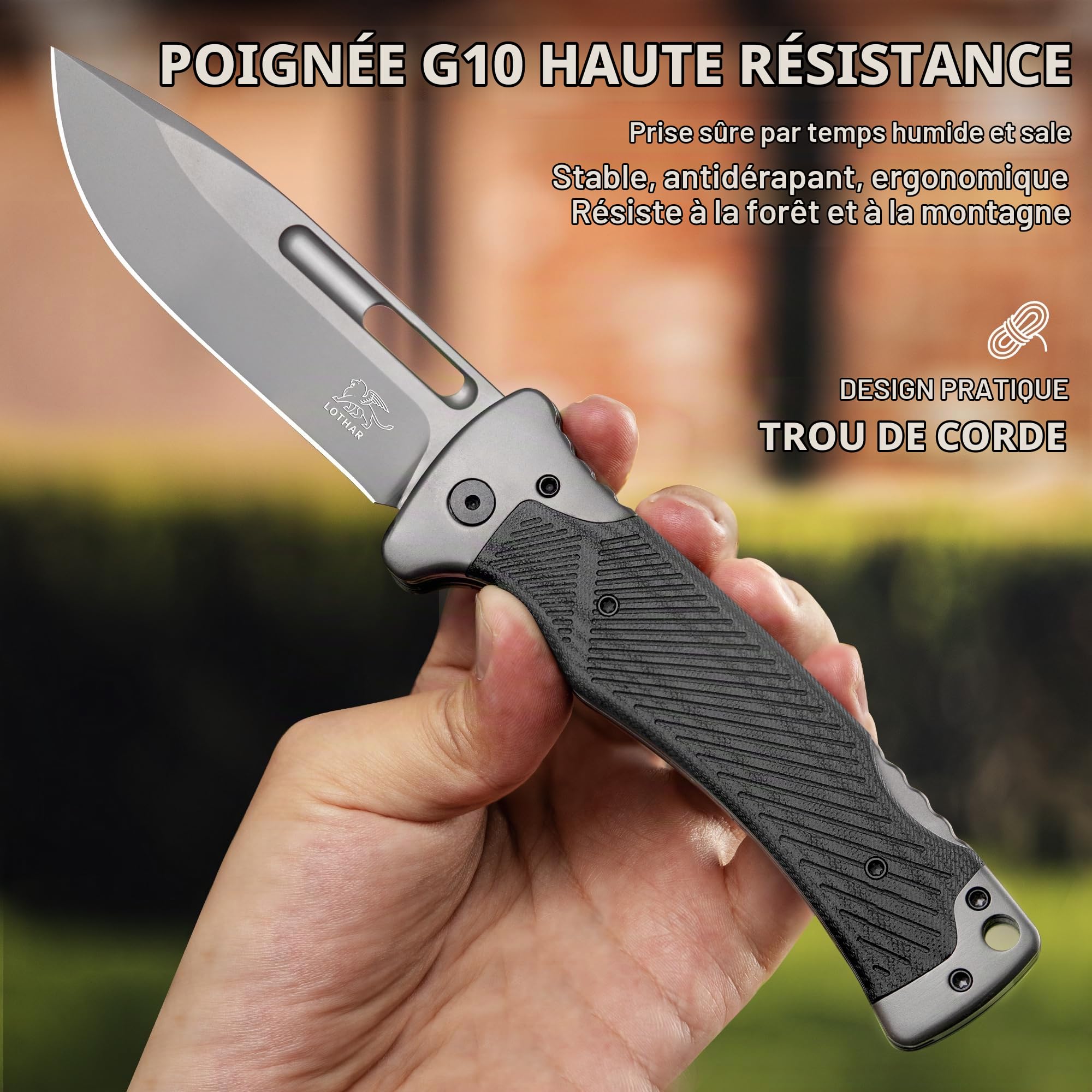 LOTHAR RHINO Couteau à Deux Mains, 10.5cm Grand Couteau Pliant Avec Acier D2, Manche G10 Couteau Outdoor Survival Avec Clip Pour Camping, Back Lock, Bushcraft, Robuste & Durable