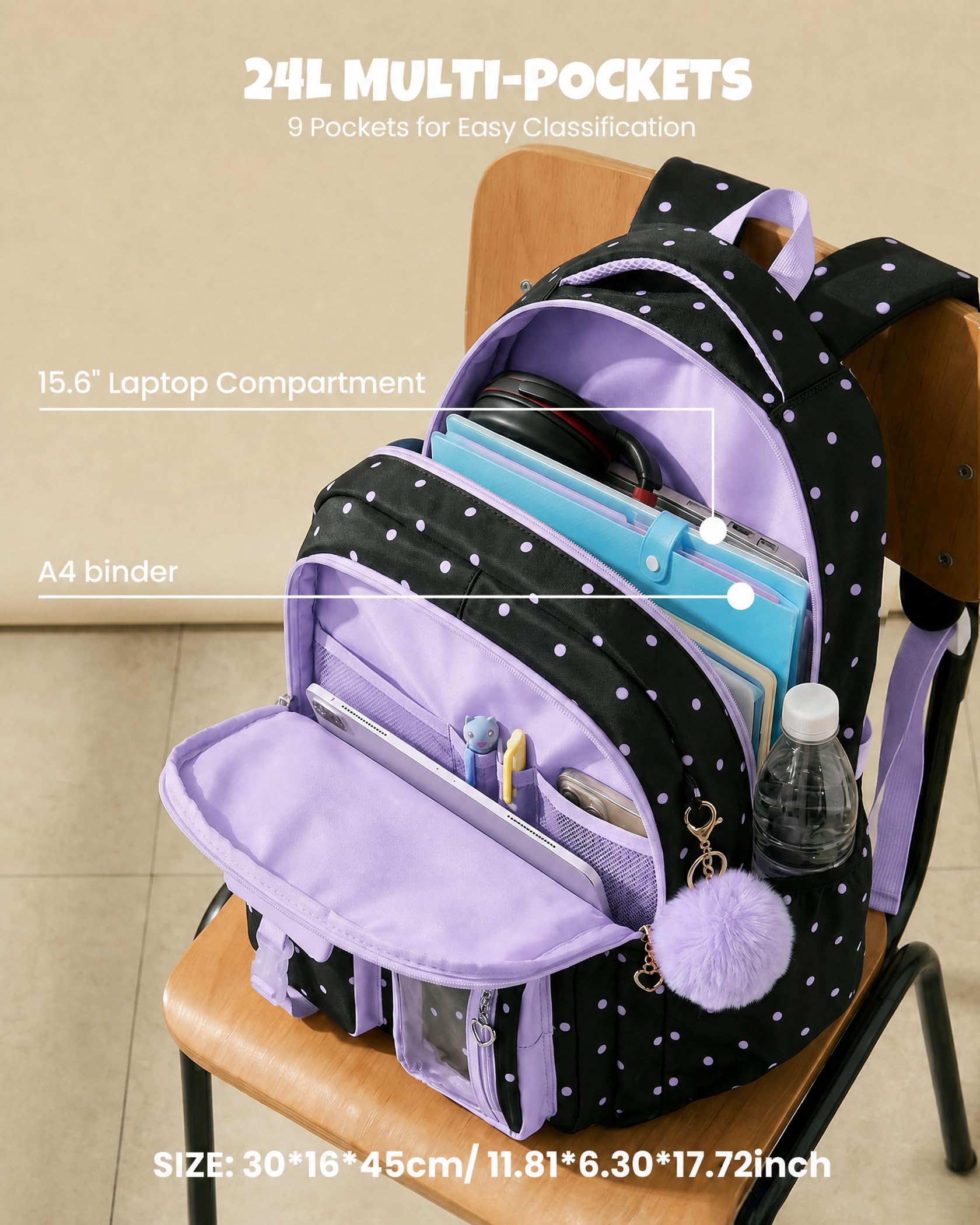 Amythe Zaino Scuola Ragazze Classi da 1 a 6 3 Pezzi Grande Set Sport, Viola | 3 Pezzi Impermeabile Leggero Riflettente Viola Daypack Multitasche Capiente Resistente per Scuola Viaggio Escursione