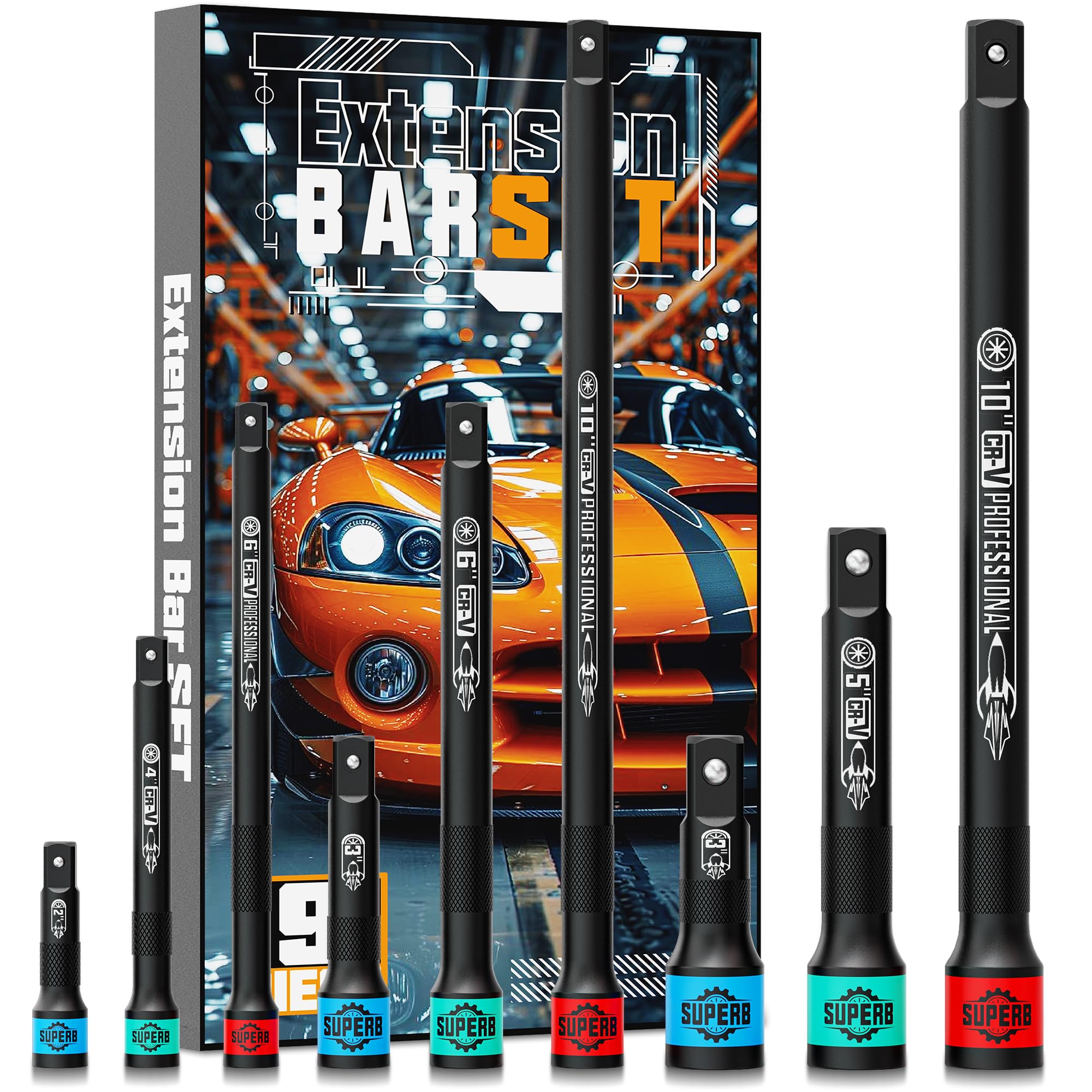 Aiourx 9 Pcs Impact Extension Bar Set, 1/4" 3/8" 1/2" Drive Socket Extension, CR-V Steel, Narrow and Deep Areas in Bicycle, Automotive Repair or