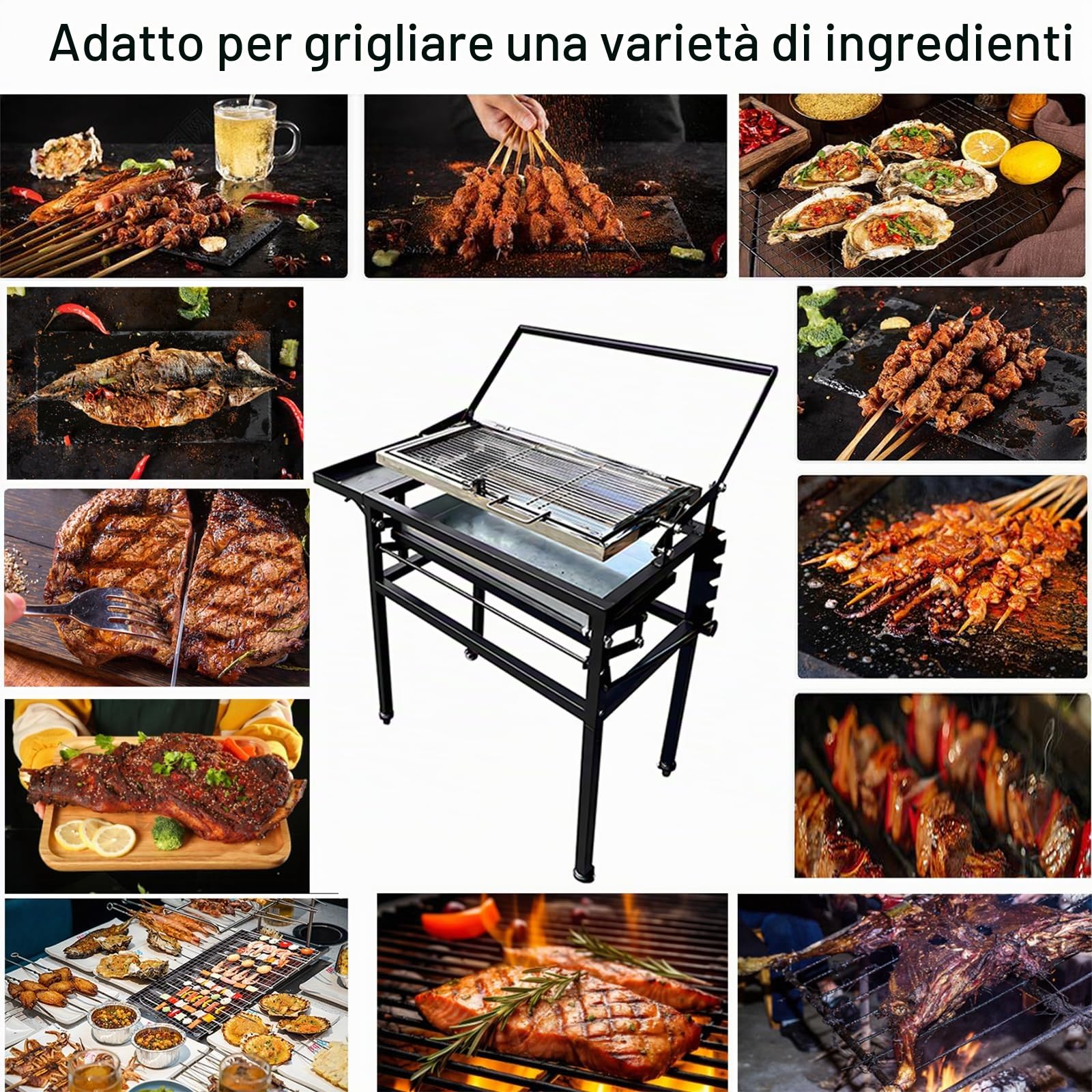 Griglia a carbone per barbecue con carrello, resistente griglia quadrata da esterno, portatile, girevole a 360 gradi, con ruote, per campeggio, giardino, barbecue commerciale