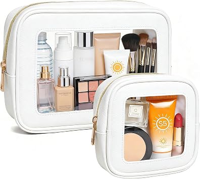 Clear Makeup Bag Set for Women, Waterproof Travel Clear Makeup Bag Small Toiletry Bag Skincare Pouch Portable Travel Cosmetic Bag with Zipper Car Organizer Bag for Essentials Large+Mini White