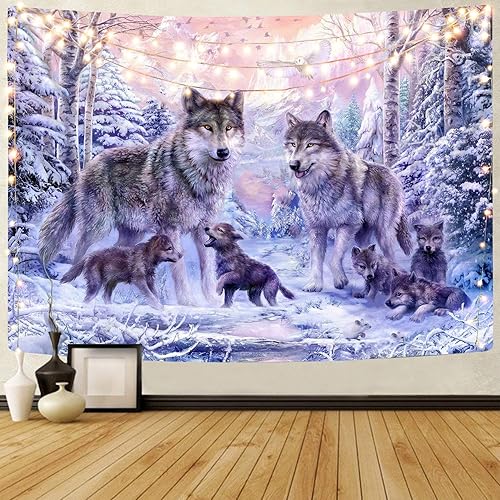 KYKU Tapiz de lobo de nieve, tapiz rosa de lobos familiares para colgar en la pared, tapices de animales salvajes para dormitorio, sala de estar,