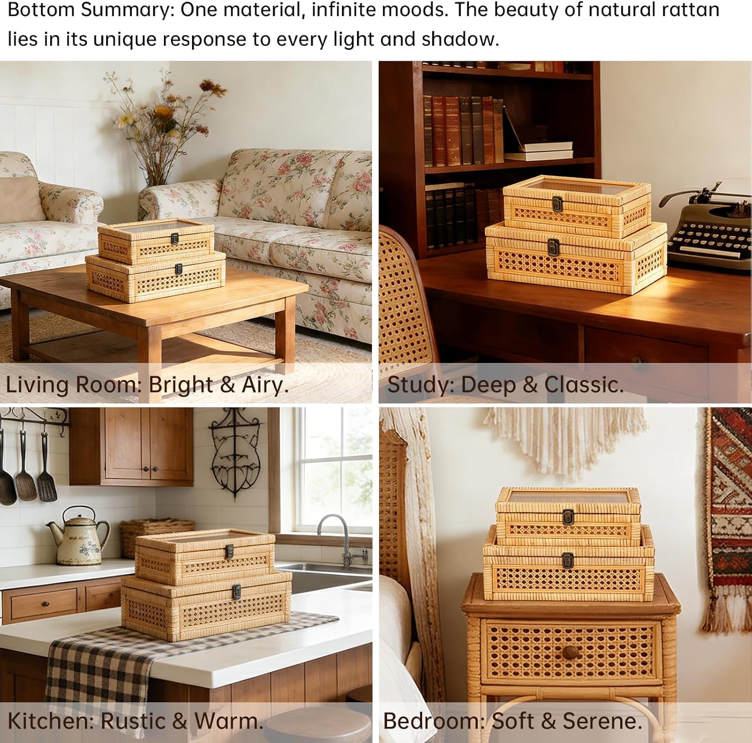 Set di 2 Scatole Impilabili in Rattan E Canna Stile Boho con Coperchio in Vetro - per Decorazioni Rustiche in Stile Country, Contenitori per Riporre Oggetti, Organizzazione della Casa, Eleganti