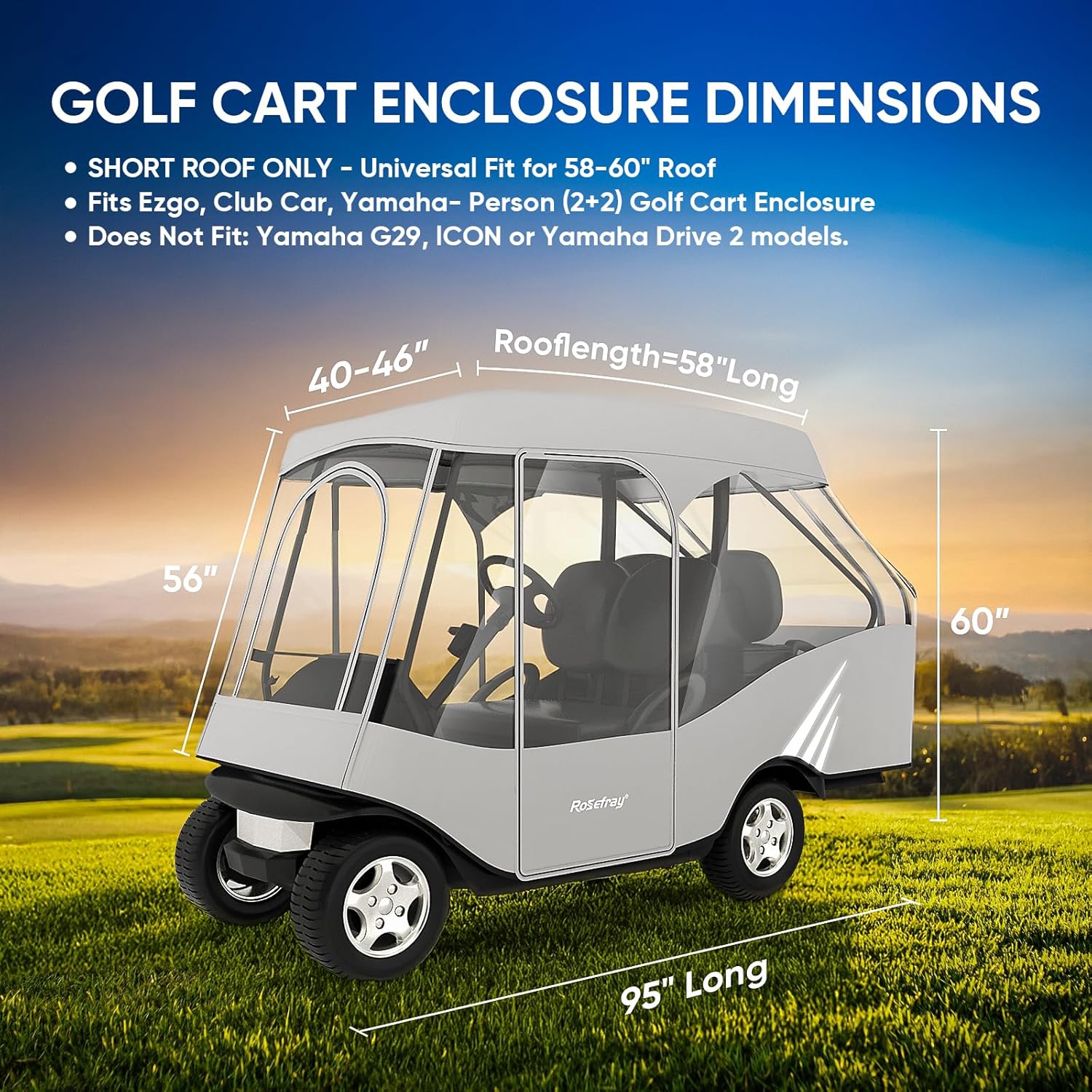 Rosefray Golf Cart Enclosure, 2+2 Drivable Rain Cover, Short Roof 58" - EZGO, Club Car - Durable Door Zipper - 4 Seater Golf Cart Cover Glowing at Night
