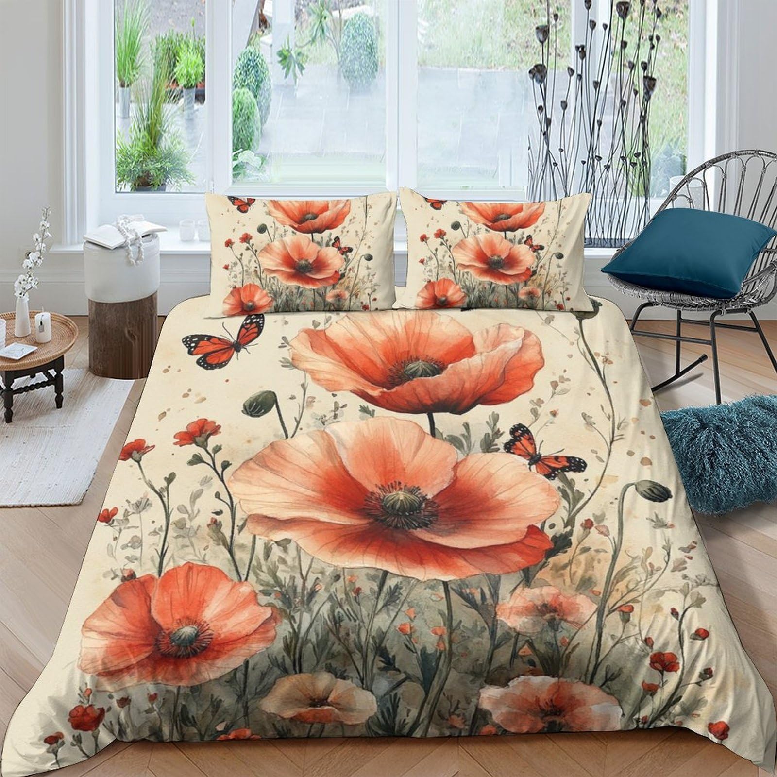 Ctjqhvkz Style-6 3D Printed Red Poppy Fitted Sheet Microfiber Flower Butterfly Bed Cover For Bedroom Guest Room Mattress Protection Decor Single（135X200cm）