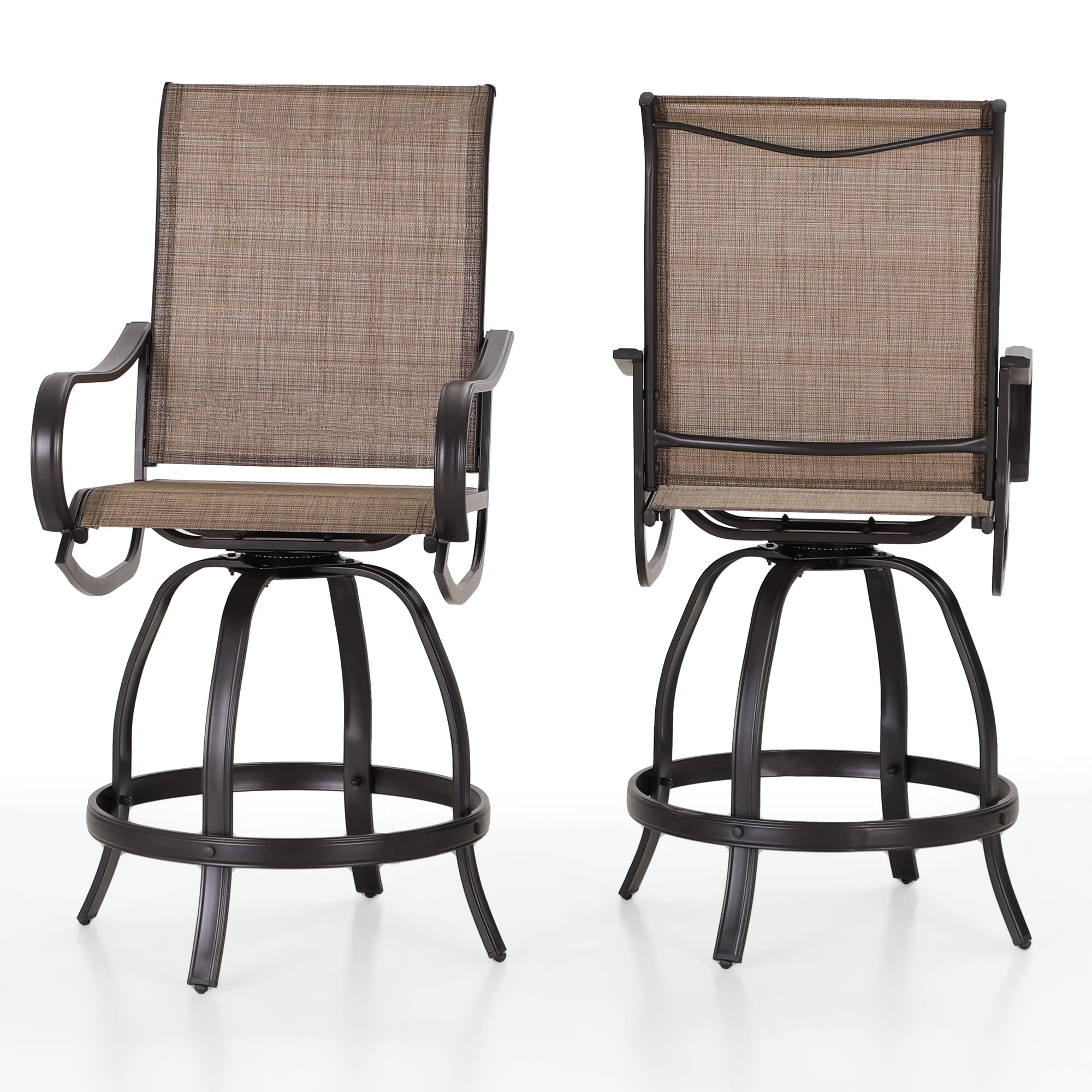 PHI Villa Outdoor Swivel Bar Stools Set of 2, Counter Height Patio Chairs with Waterproof Textile Fabric Brown, Rustproof Metal Frame & Circular