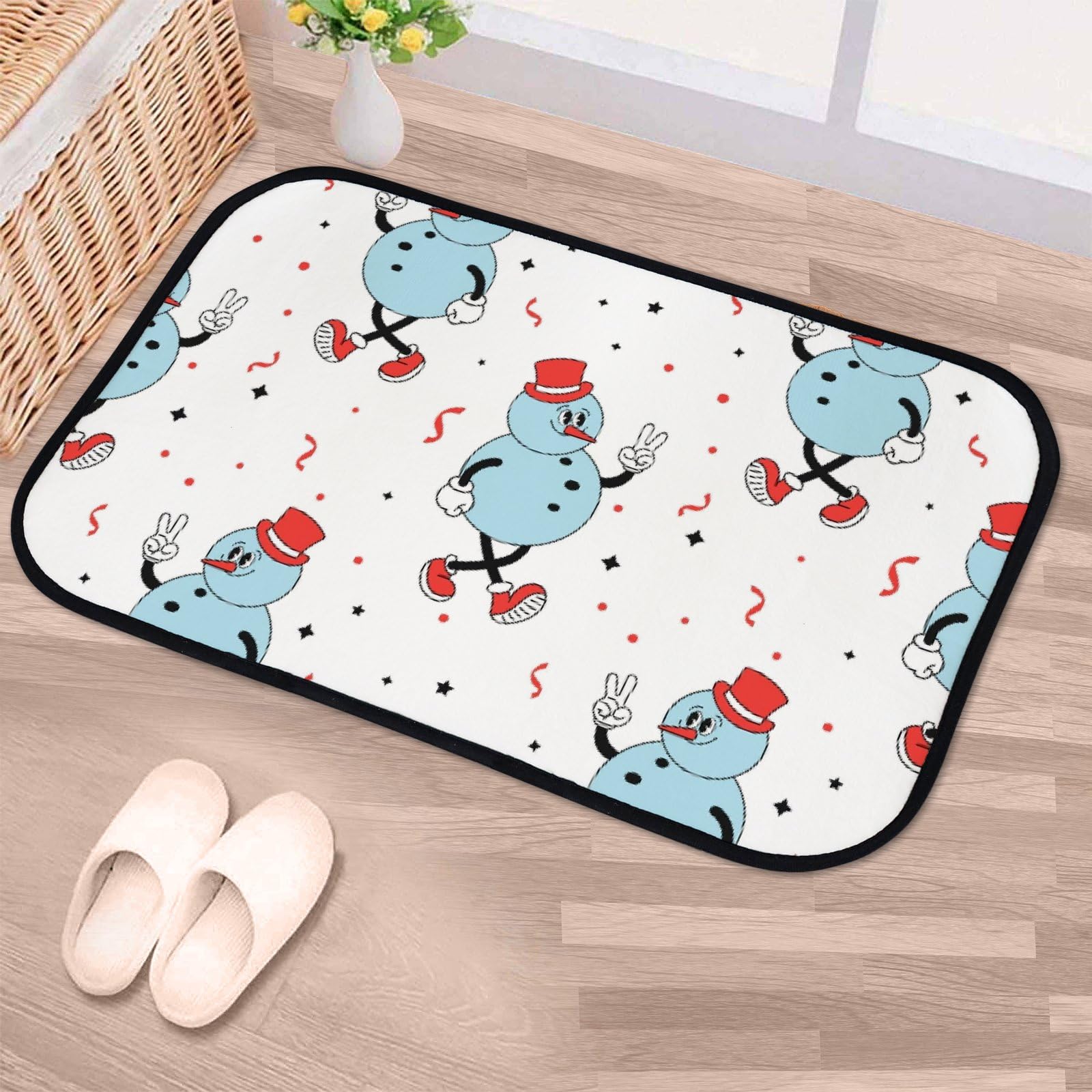 Nuansexi Bathroom Rugs Retro Cheerful Snowman Cartoon Style Floor Mats Non Slip Bathmat Doormat Tub Mat Coral Velvet Absorbent Entrance Carpet Mats Machine Washable Bedroom Decor