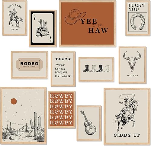 TwoDays Decoración de pared occidental, arte de pared retro del suroeste, pósteres de rodeo de vaquero del salvaje oeste, impresiones vintage de