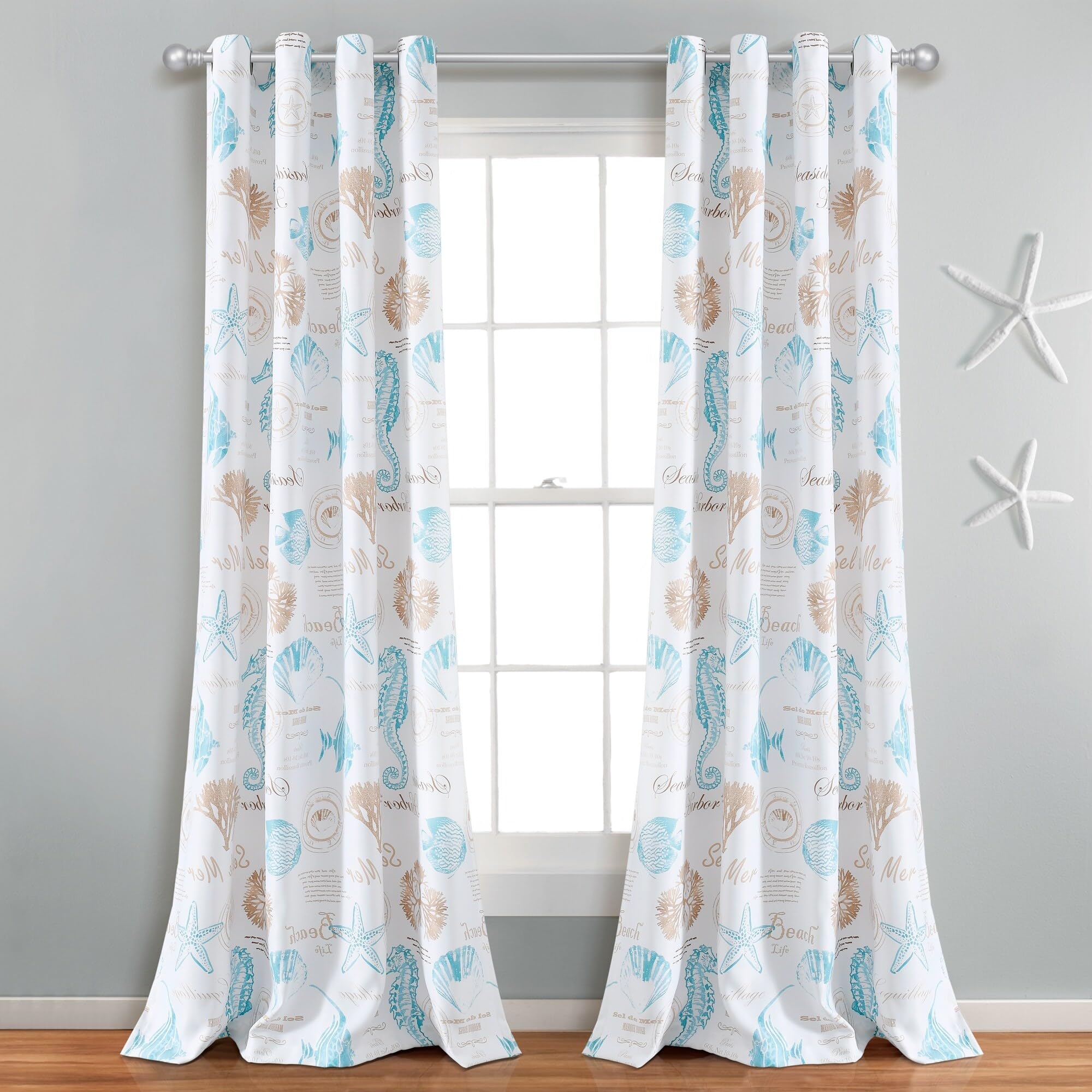 Lush Decor Harbor Life Light Filtering Window Curtain Panel, Single Panel, 52" W x 84" L, Blue & Taupe - Seahorse & Seashell Nautical Coastal Curtain - Beach Curtain for Bedroom, Living Or Dining Room