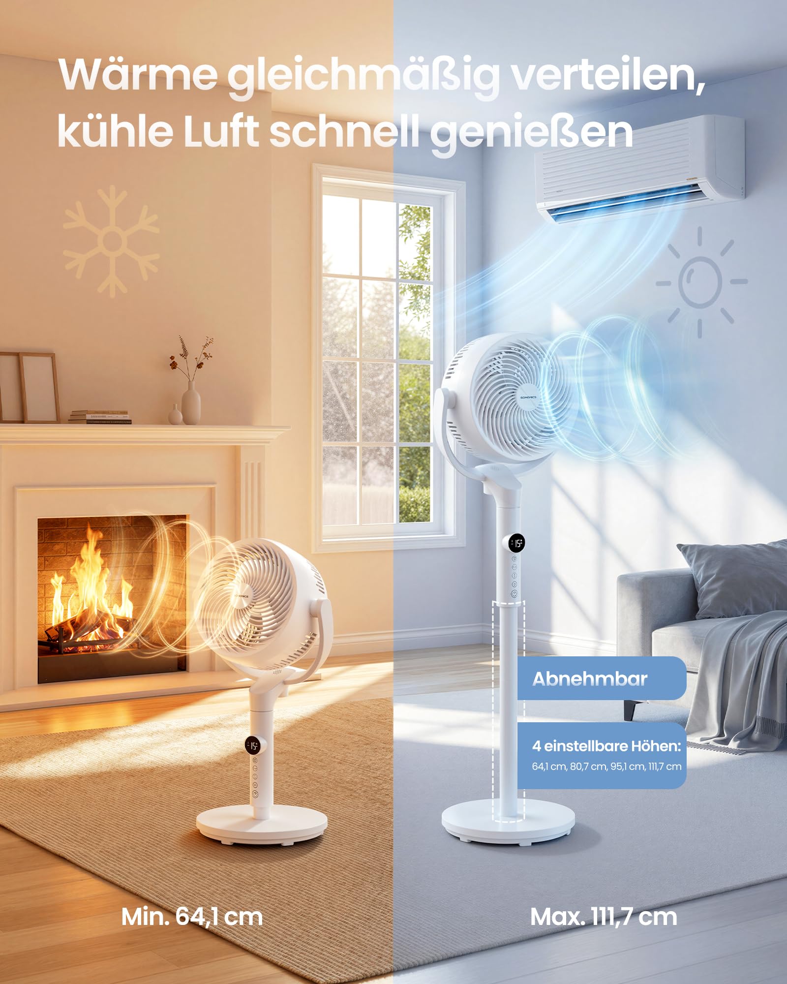 SONGMICS Standventilator, Ventilator leise 20 dB mit Fernbedienung, Luftzirkulator 120° und 135° Oszillation, 15 Geschwindigkeiten, 15 Std. Timer, 3 Modi, höhenverstellbar, wolkenweiß XFC002W1EU