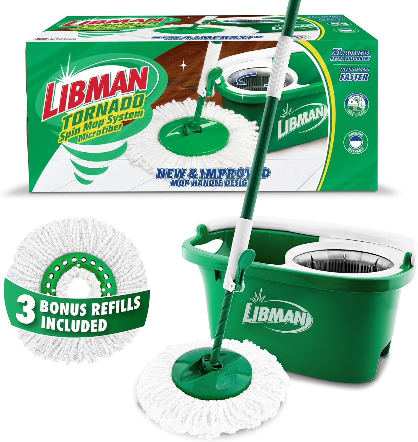Libman Tornado Spin Mop System with Refill Heads, Microfiber Spinning Mop and Bucket with Wringer Set for Home, Floor Cleaning of Hard-Wood, Laminate, Tile, All Surface Cleaner Spin Mop Plus 3 Refills