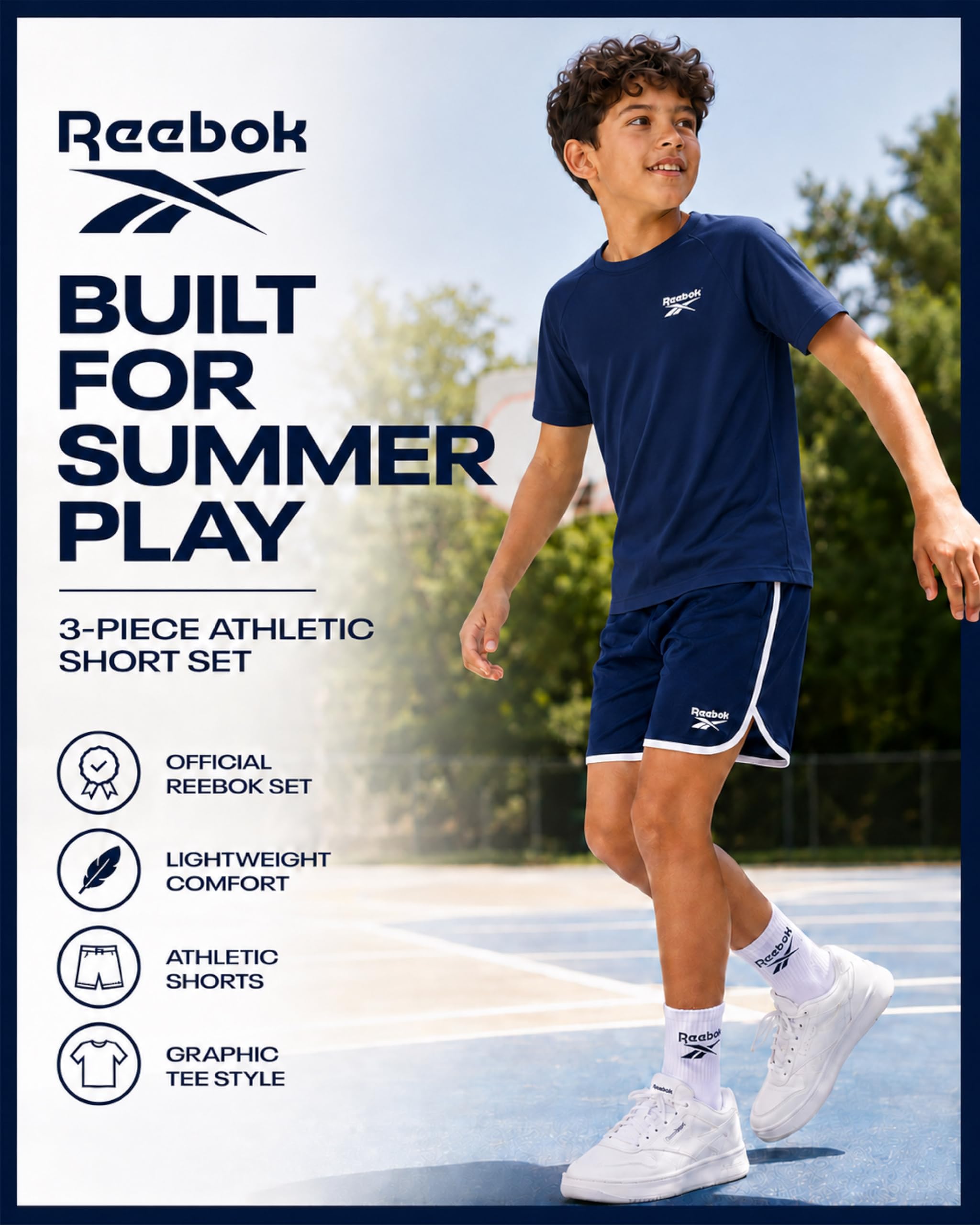 Reebok Jungen Sport Shorts Set - 3-teiliges Sommeroutfit mit Grafik T-Shirts und Basketballshorts für aktive Kinder