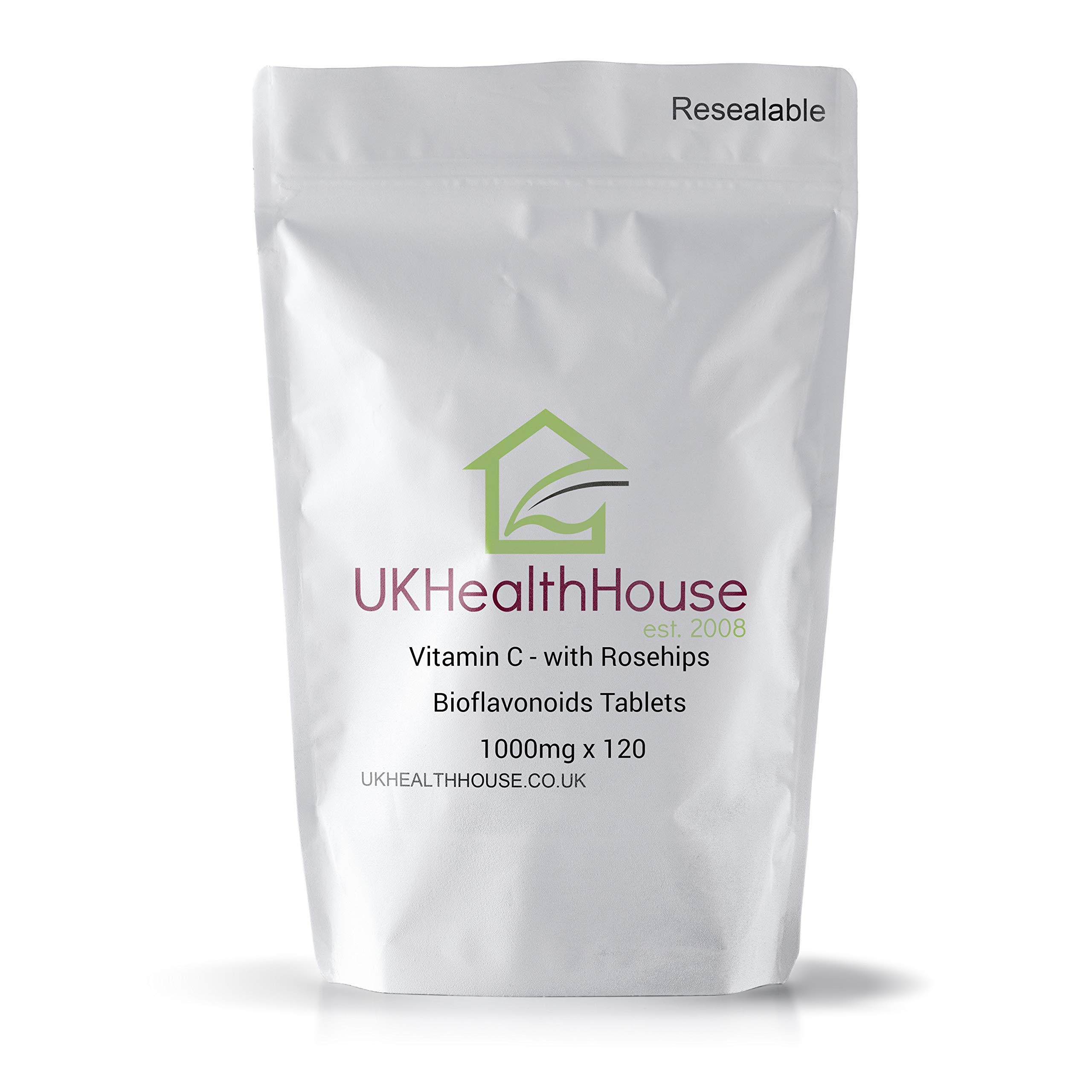 UKHealthHousePremium Vitamin C & Rosehips Bioflavonoids 1000mg x 120 High Strength Ascorbic Acid Tablet Immune Support, Reduction in Tiredness & Skin
