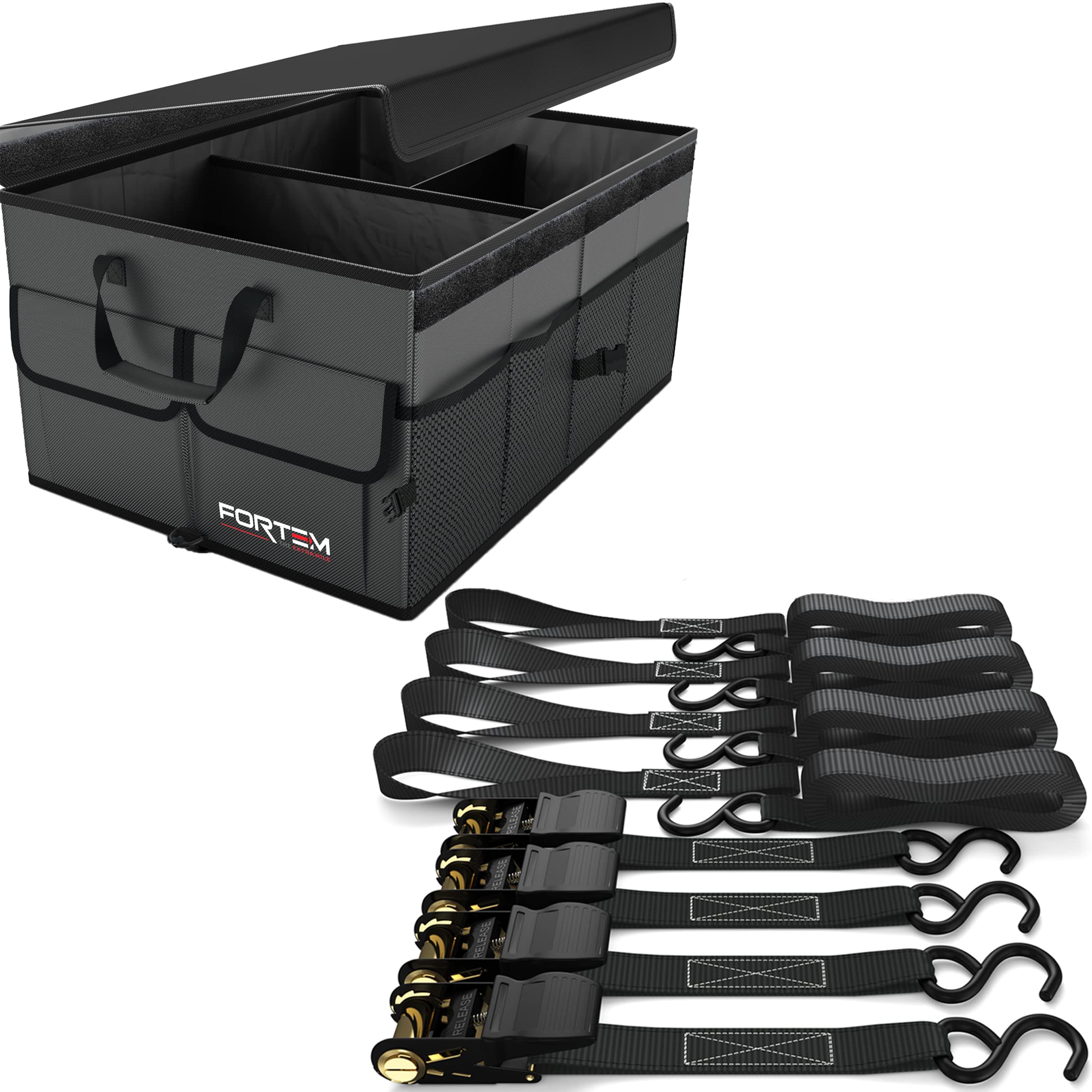 FORTEM Car Trunk Organizer (Grey, Large) + Ratchet Straps