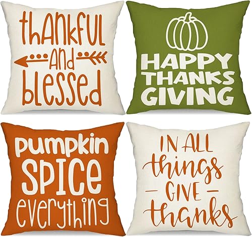 Juego de 4 fundas de almohada de otoño de 18 x 18 pulgadas, fundas de almohada de Feliz Acción de Gracias, calabaza, especias, otoño, casa de campo,