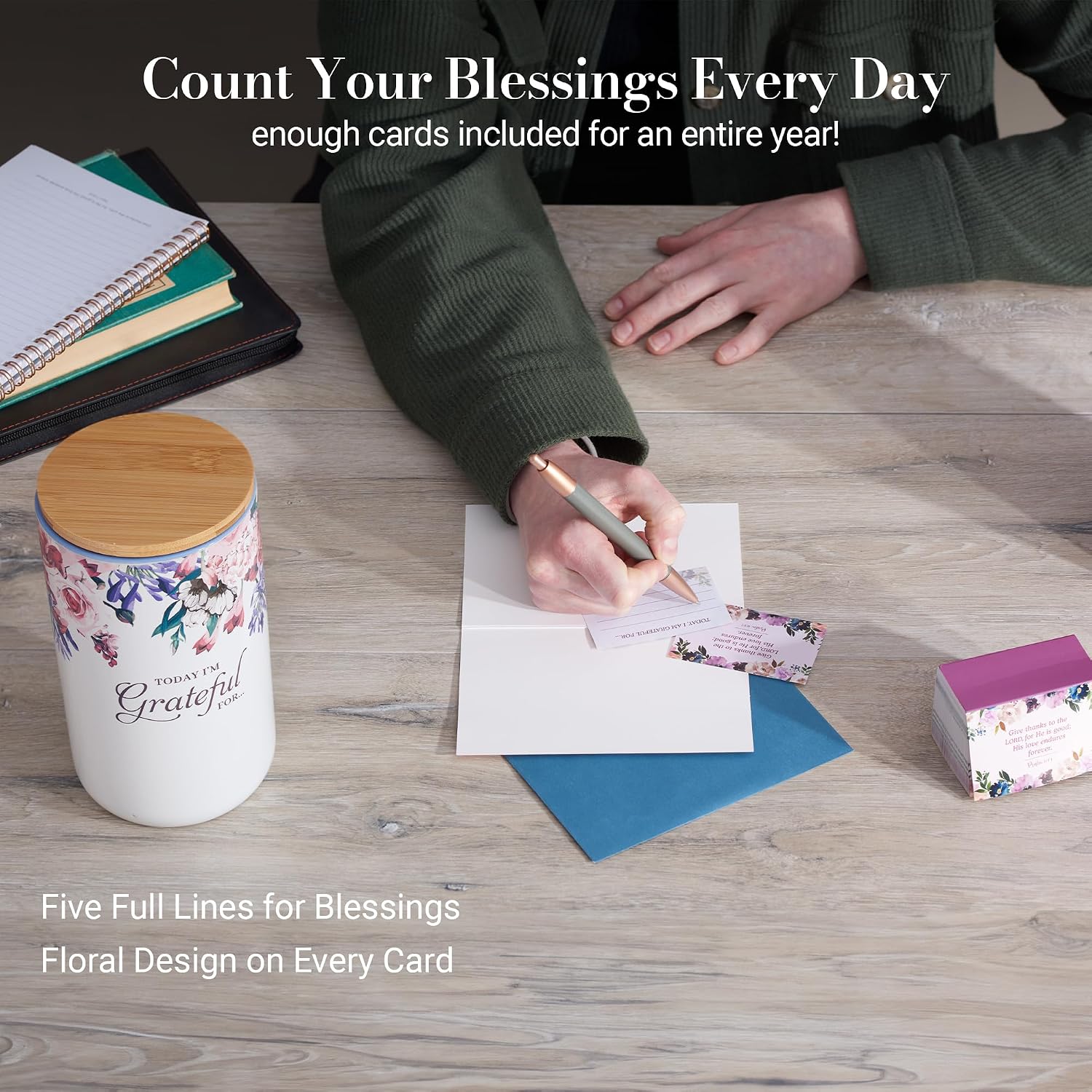 Christian Art Gifts Keepsake Count Your Blessings Ceramic Gratitude Jar Set w/Bamboo Lid: Today I'm Grateful For - 365 Bible Verse Note Cards for Thankfulness, Multicolor Flowers, Purple/Pink Floral