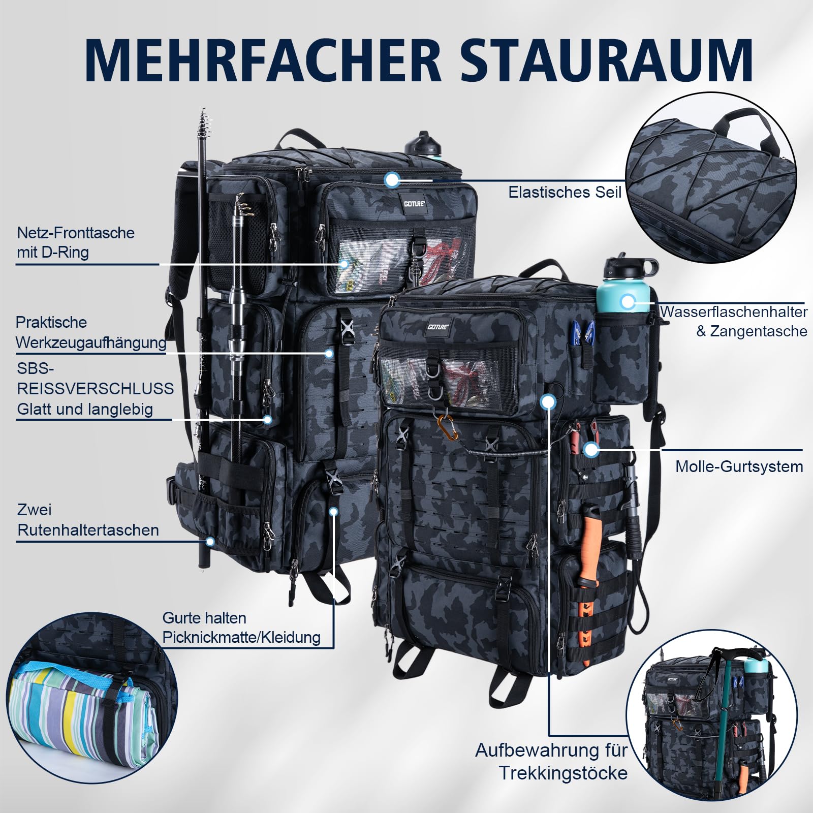 Goture Sac à dos de pêche 72 l avec sac isotherme (16 l) et compartiment sec/humide – Compartiments réglables Sac à outils de pêche imperméable, 2 porte-cannes, protection contre la pluie pour pêche