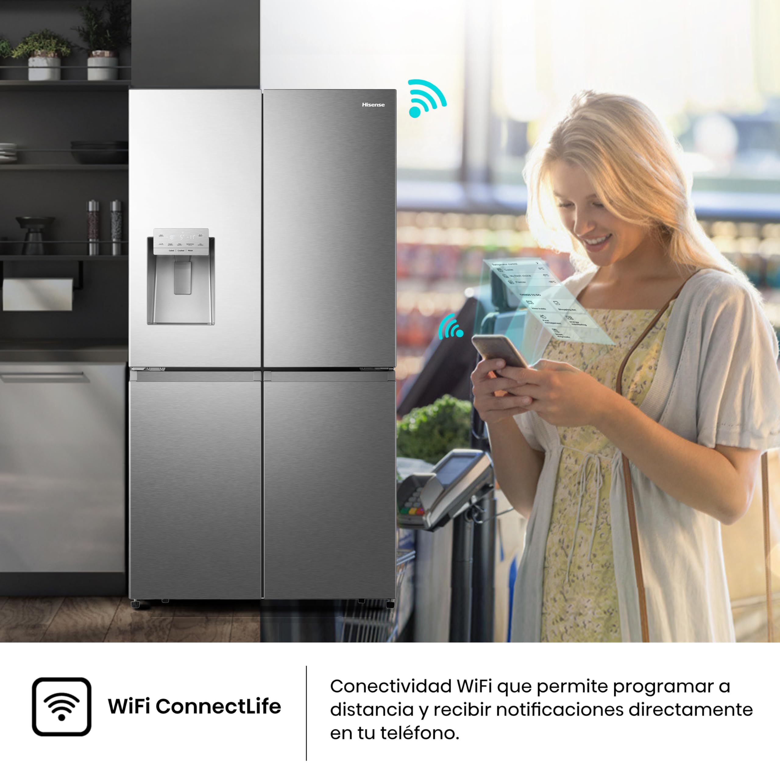 Hisense RQ760N4SASE - Frigorífico Americano Cuatro Puertas, No Frost, Puerta Cajón Frances, Total No Frost, Capacidad Neta 584 L, 1.78 m,Silencioso, Inox