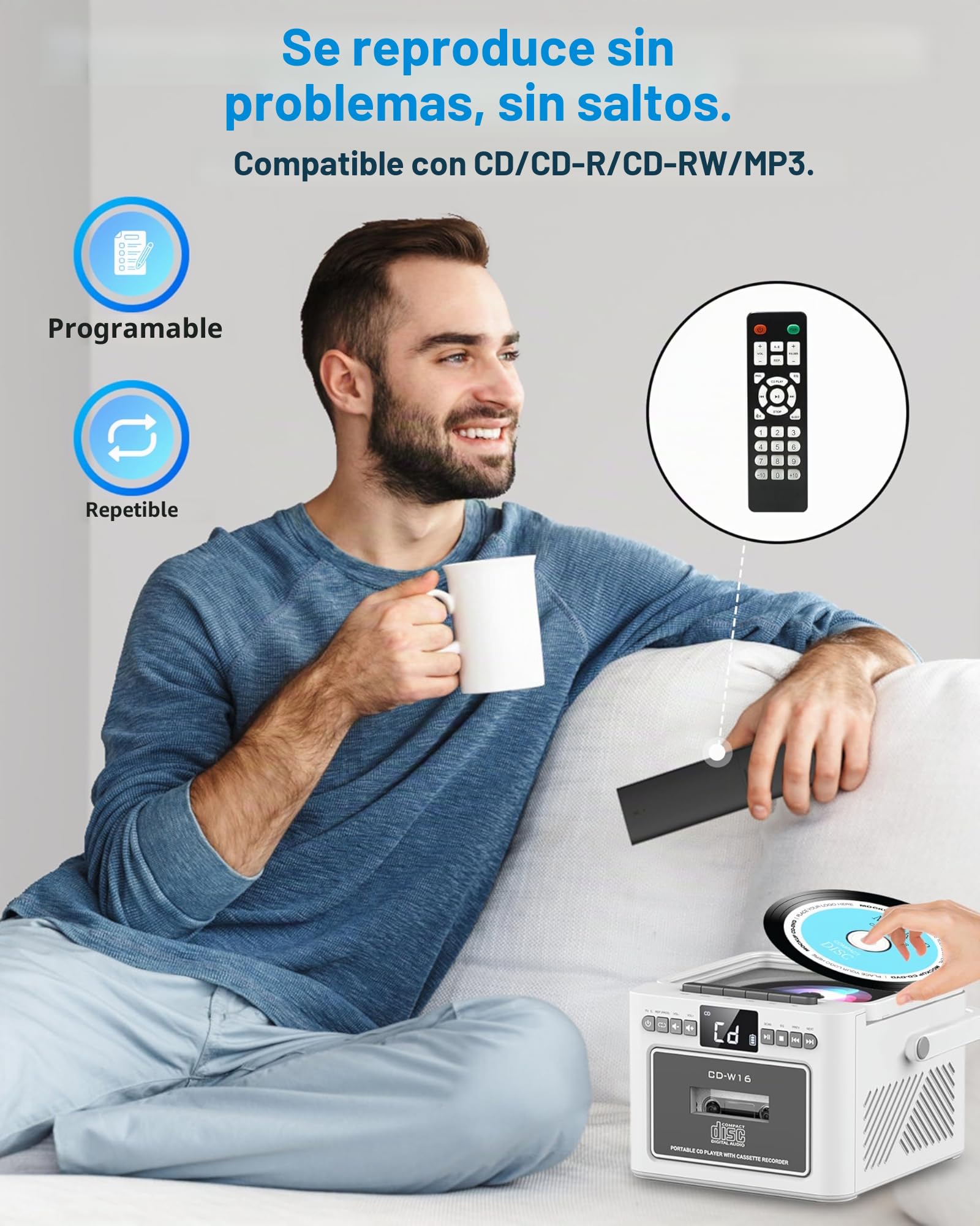 Greadio Boombox - Reproductor de CD portátil, reproductor de casete con radio FM, Bluetooth 5.1, batería recargable de 5000 mAh, control remoto, entrada de tarjeta AUX/USB/SD, altavoz de 5 W, pantalla