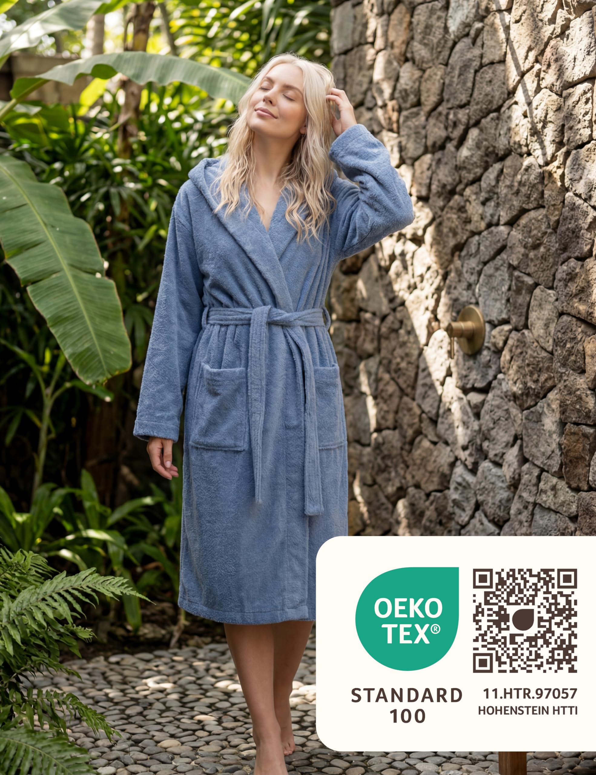 Albornoz Mujer Largo Medio con Capucha – 100% Algodón Rizo 380 g/m² – Bata de Baño, Spa y Casa, Largo hasta la Pantorrilla, Suave, Absorbente, Tallas S–XXL