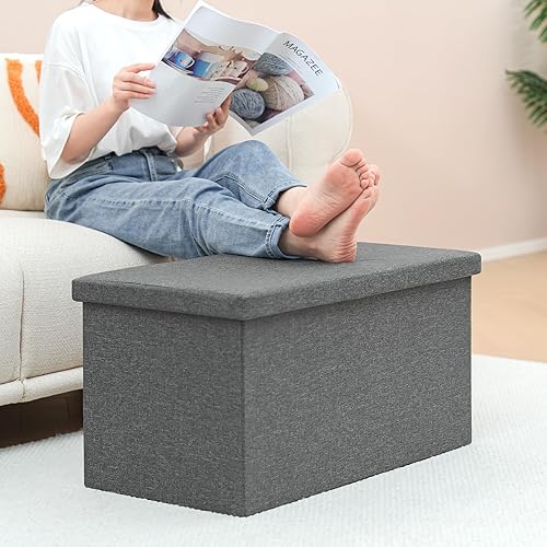 Miniatura 5 de PINPLUS Banco otomano plegable de almacenamiento con bandeja de tapa, mesa de centro otomana de 30 pulgadas, silla de cubo gris, taburete de